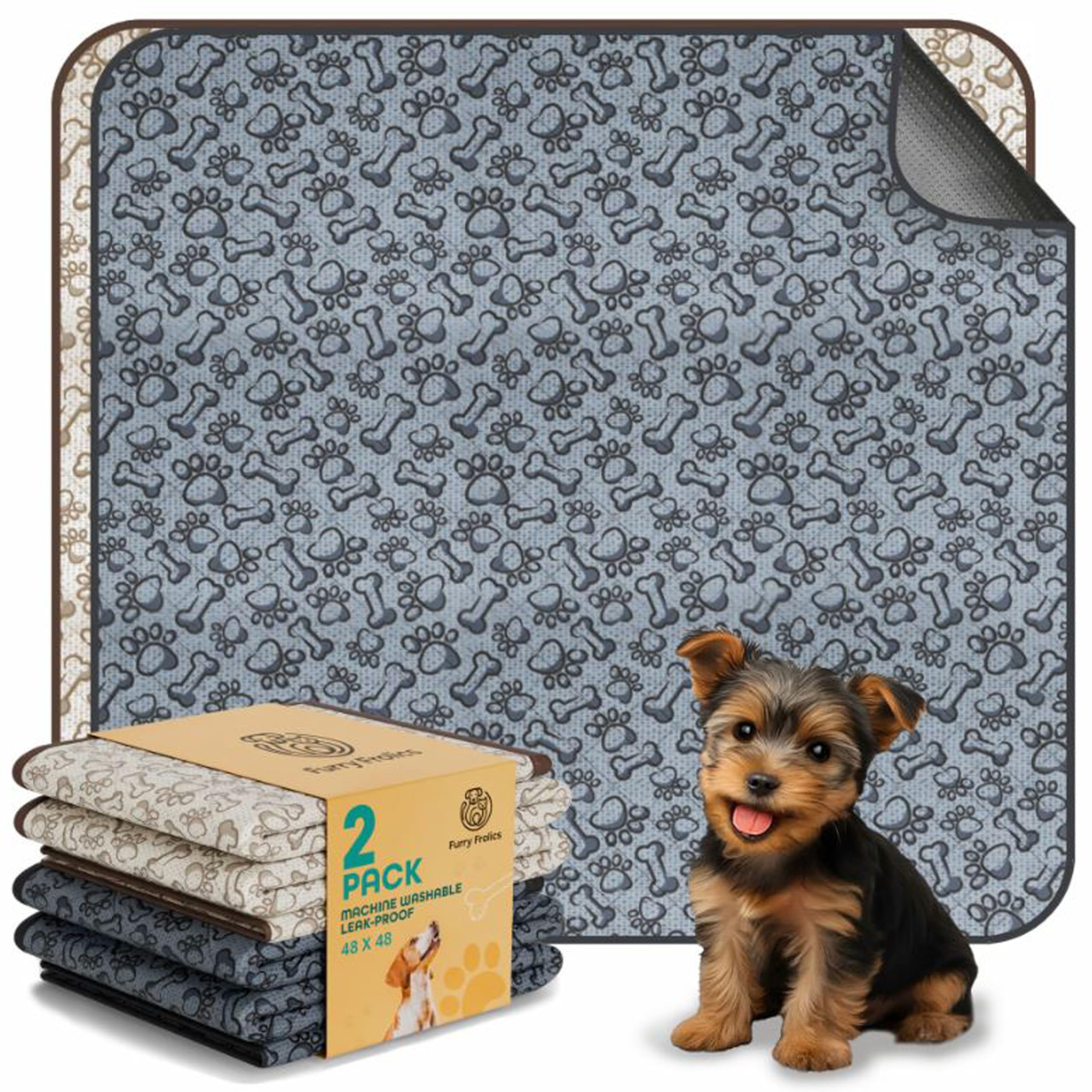 Large Washable Dog Pee Pads 48x48 - Waterproof Reusable Puppy Training Pads, Whelping Mat with Non-Slip Bottom for Dogs, Crates, Playpens, Travel -