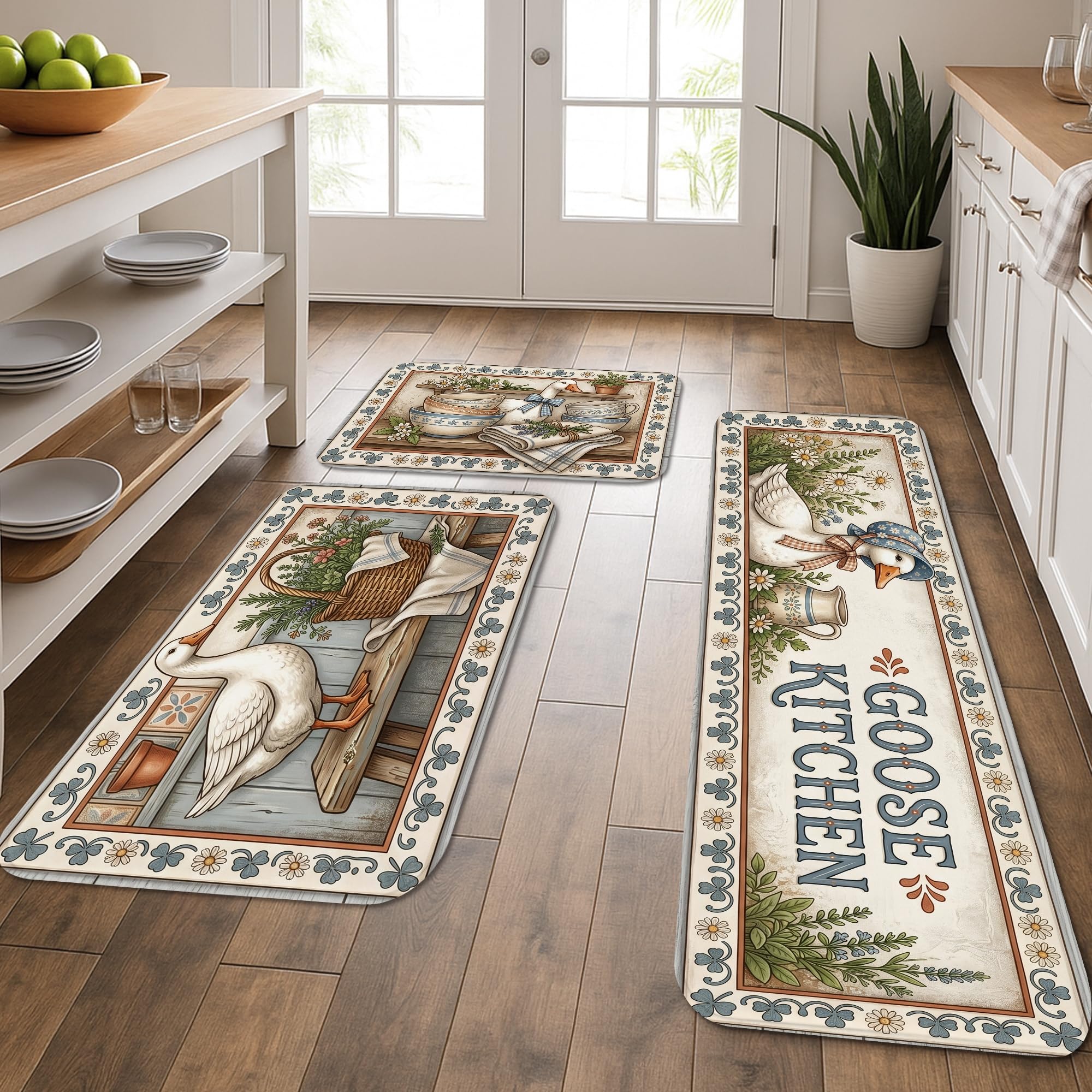 Alfombrillas de cocina de ganso acolchadas, juego de 3 alfombras vintage lavables para fregadero