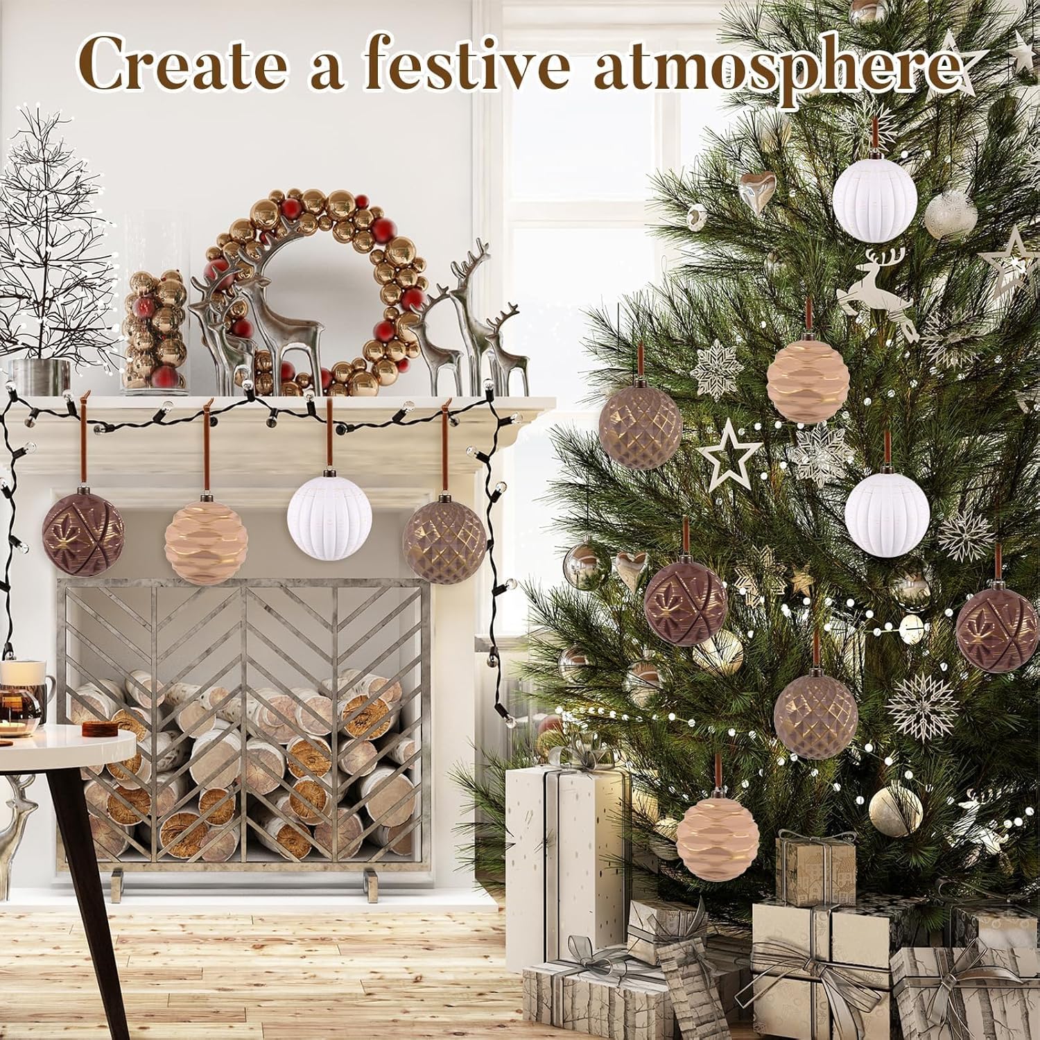12 Pcs Neutral Textured Christmas Ball Ornaments 4 Inch Xmas Tree Decorations Rustic Farmhouse Boho Vintage Hanging Ornaments Earth Toned Home Decor for Tree Party Holiday (Brown01) - Image 5