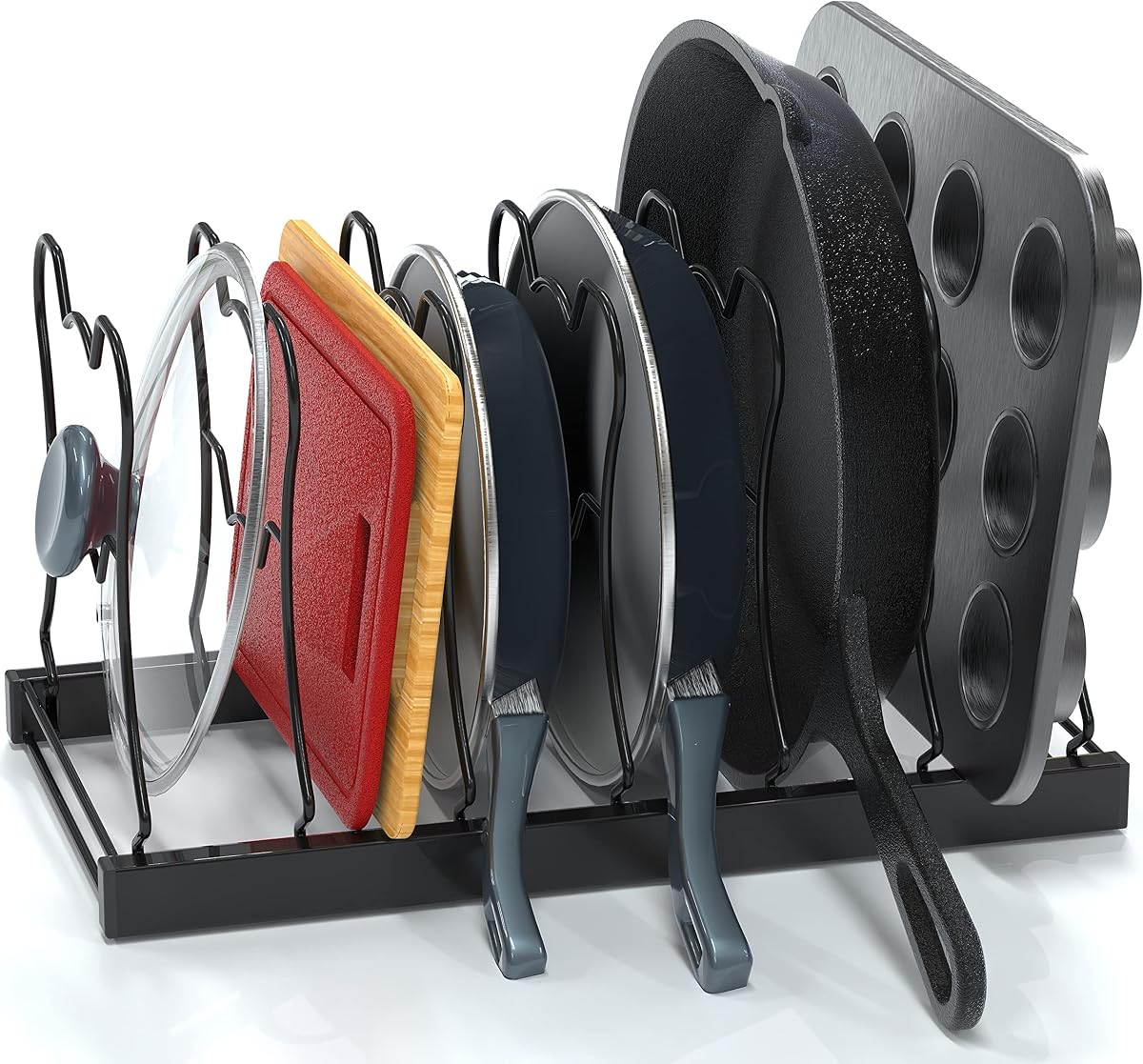 7 Compartments Height Adjustable Pan Organizer, Black