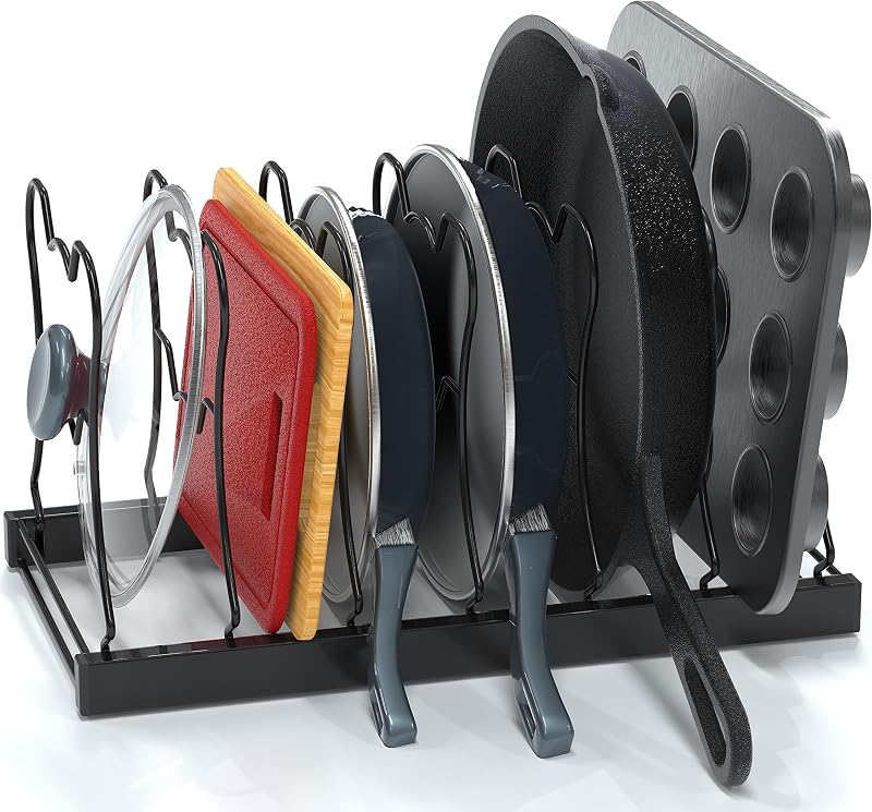 7 Compartments Height Adjustable Pan Organizer, Black