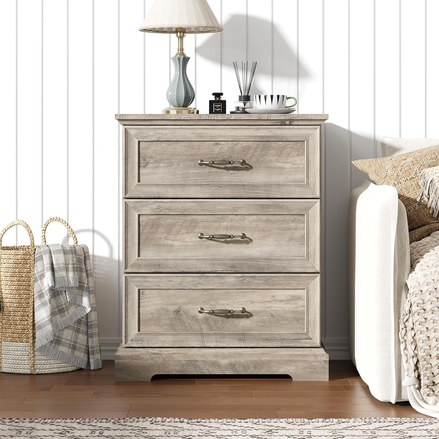 Nightstand Set of 2,24" Wide End Table with 3 Large Drawers & Metal Handles,Rustic Farmhouse Wood Small Dresser,Bedside Table,Modern Chest of Drawers for Bedroom,Living Room,Grey - Image 3