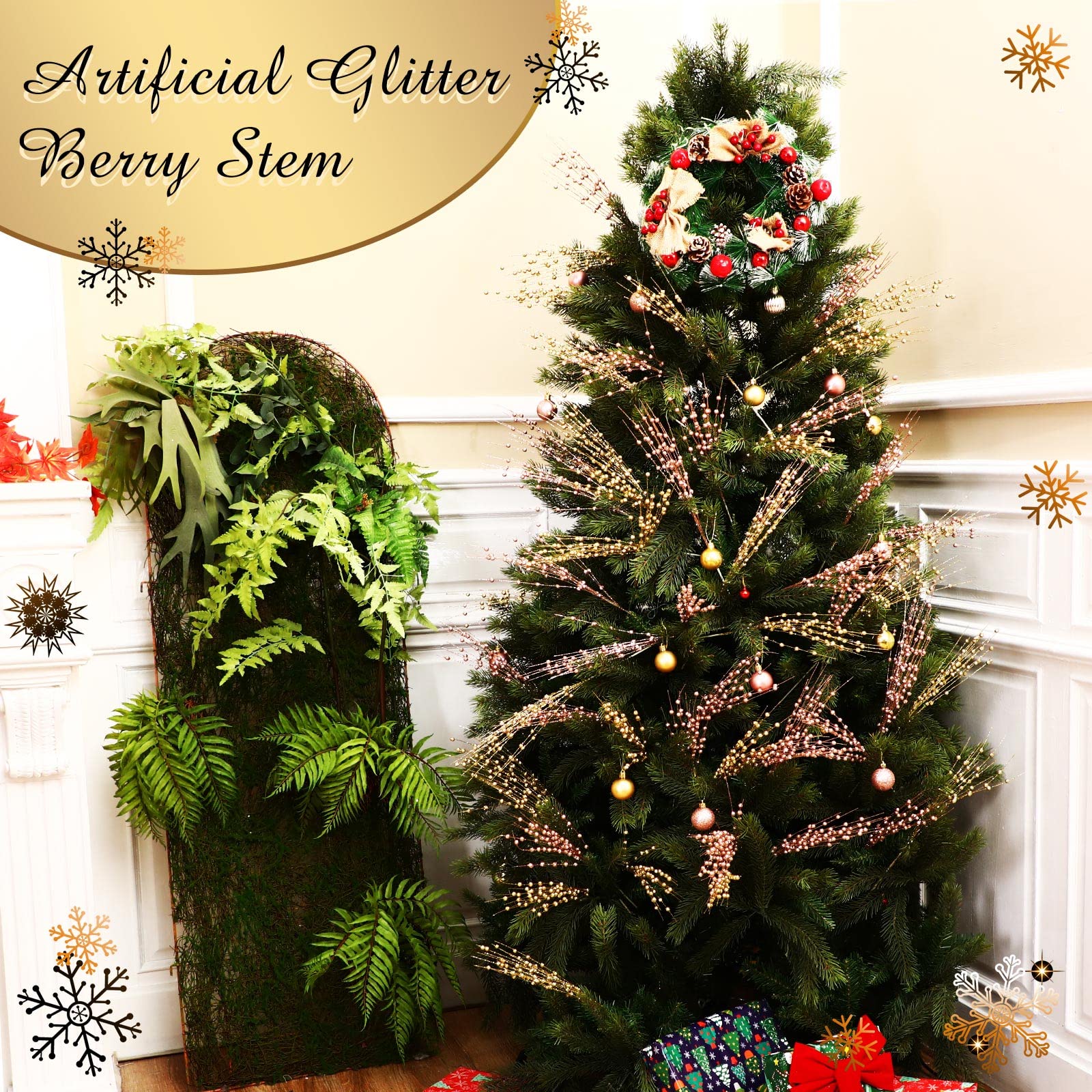 Geosar 30 decorazioni artificiali glitterate a forma di bacca, 43 cm, bastoncini finti floreali, centrotavola, ramoscelli di perline per centrotavola, ghirlande di alberi, ornamenti per la casa (oro)