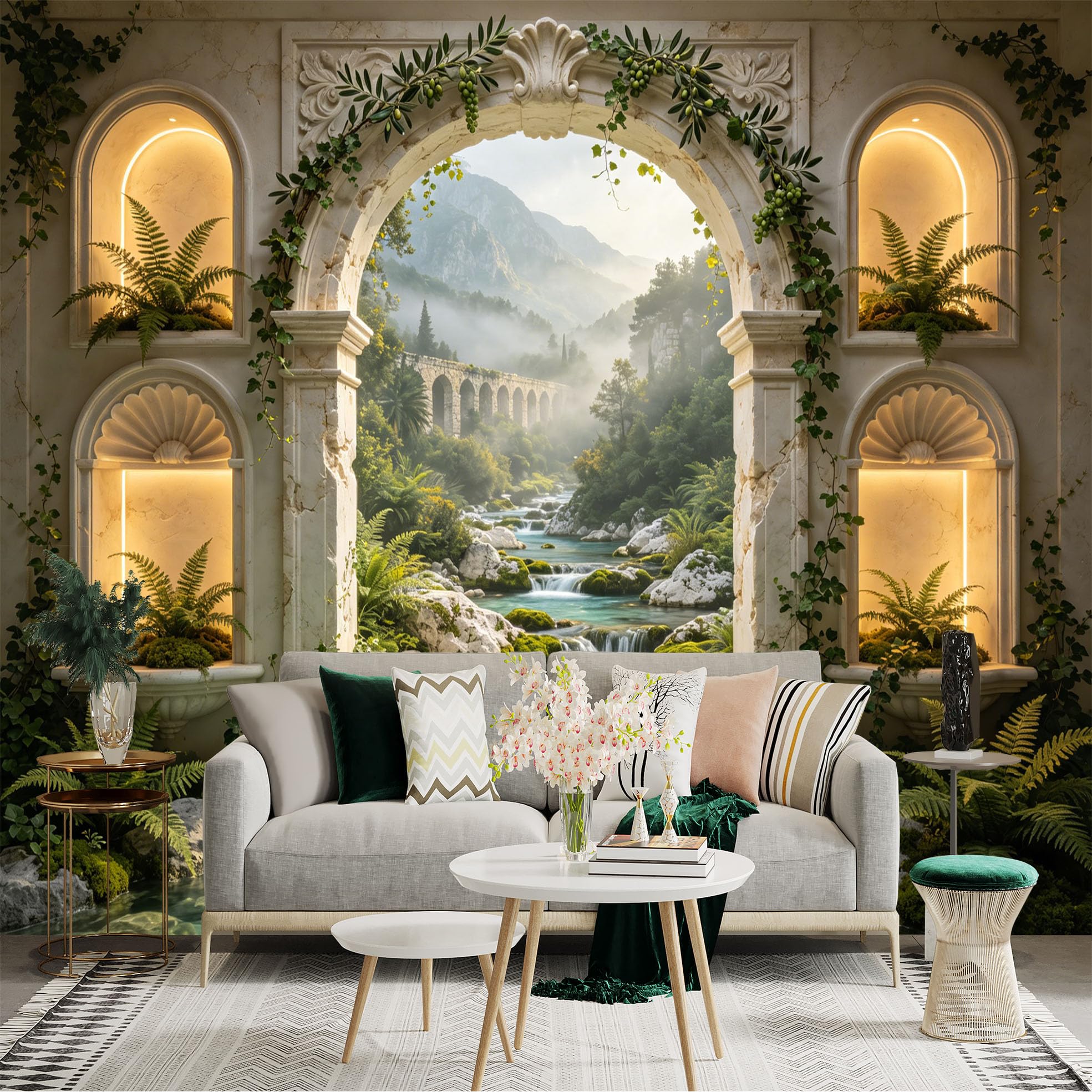 Lnzczhyre Dbh260521017 Custom Size Wall Sticker Mural， Ancient Stone Archway， Misty Mountain River， Lush Fern Garden， Forest Stream Scenery， For Wall Decoration， Peelandstick Wall Decals.