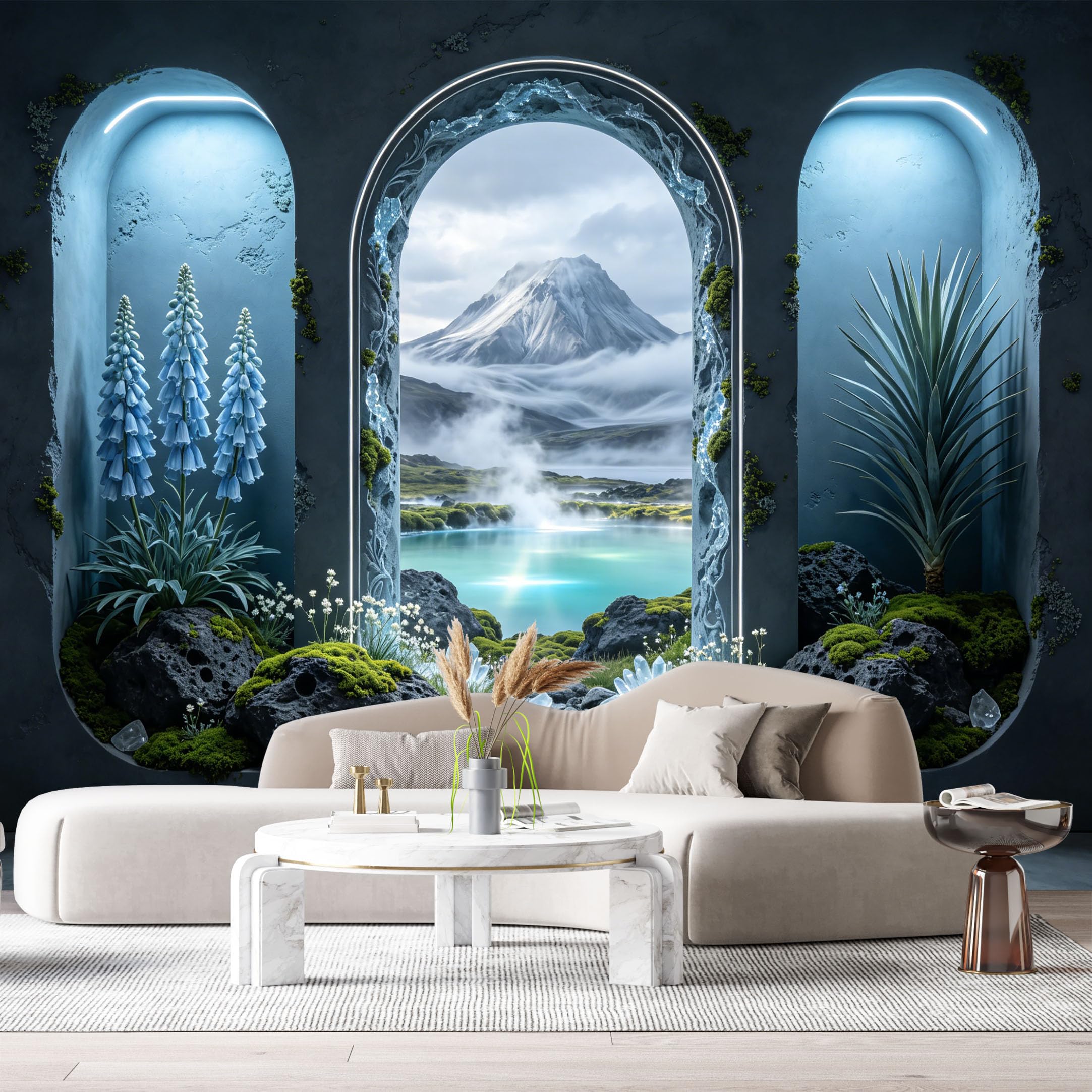 Custom Size Wall Murals Modern Contemporary 3D Trompe L'Oeil Mountain Lake Botanical Archway SelfAdhesive Wall Fabric Removable Large Wallpaper Photo for Living Room
