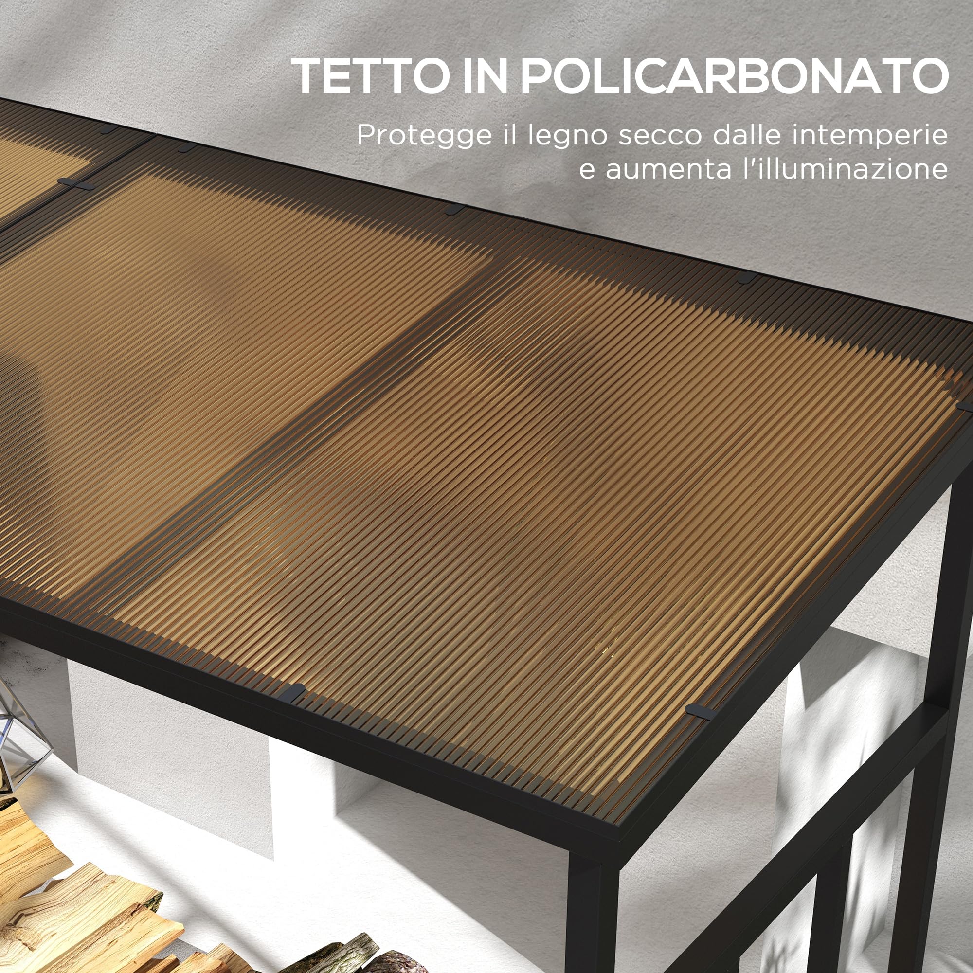 Outsunny Legnaia da Esterno in Metallo con Tetto in Policarbonato, Portalegna con Capacità di Carico 2100kg, 185x67x185 cm, Nero