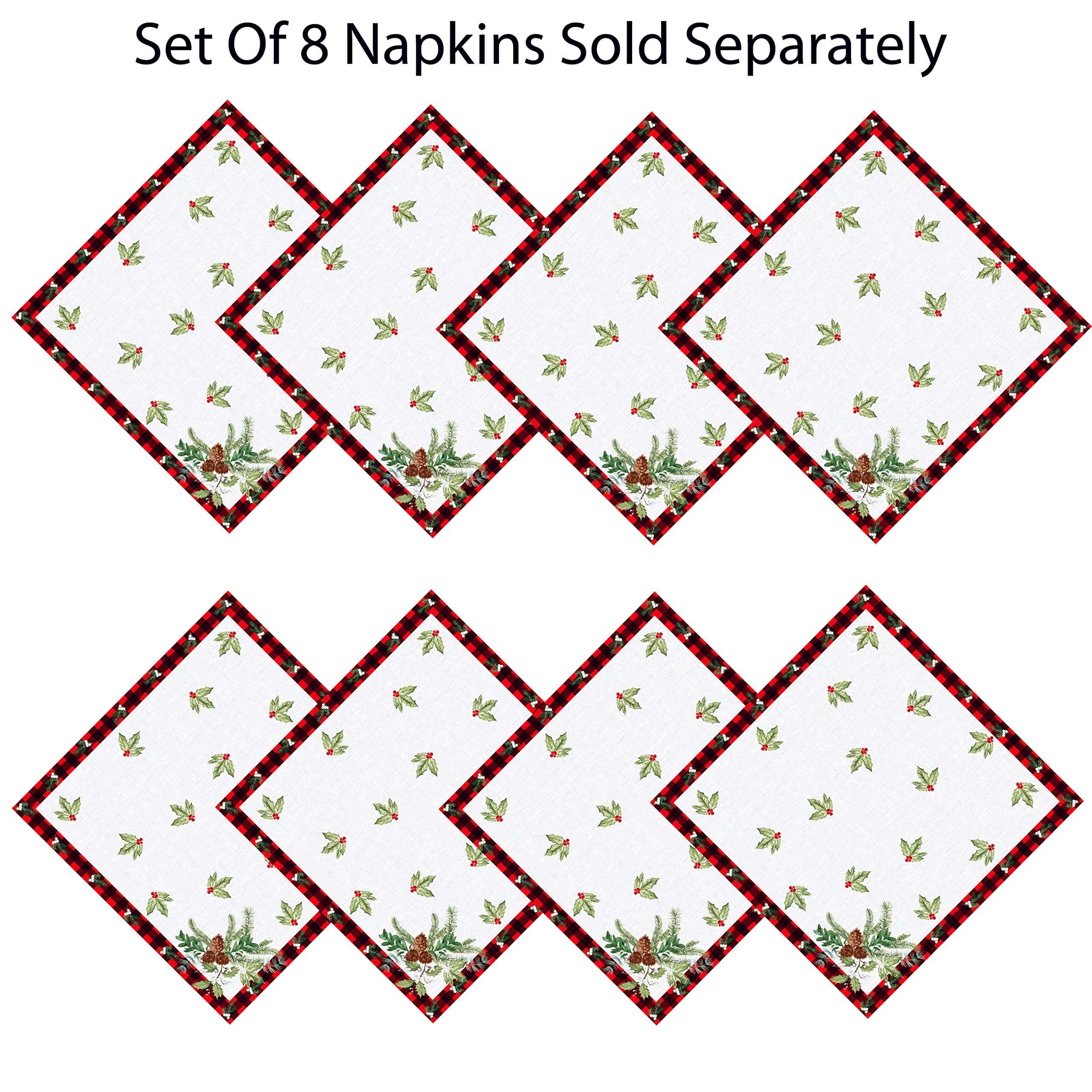 Lintex Aspen Red Black Plaid and Garland Bordered Christmas Napkins, Cottage Check Bordered Xmas and Holiday Print Easy Care Napkins, Set of 8 Fabric Border Napkins