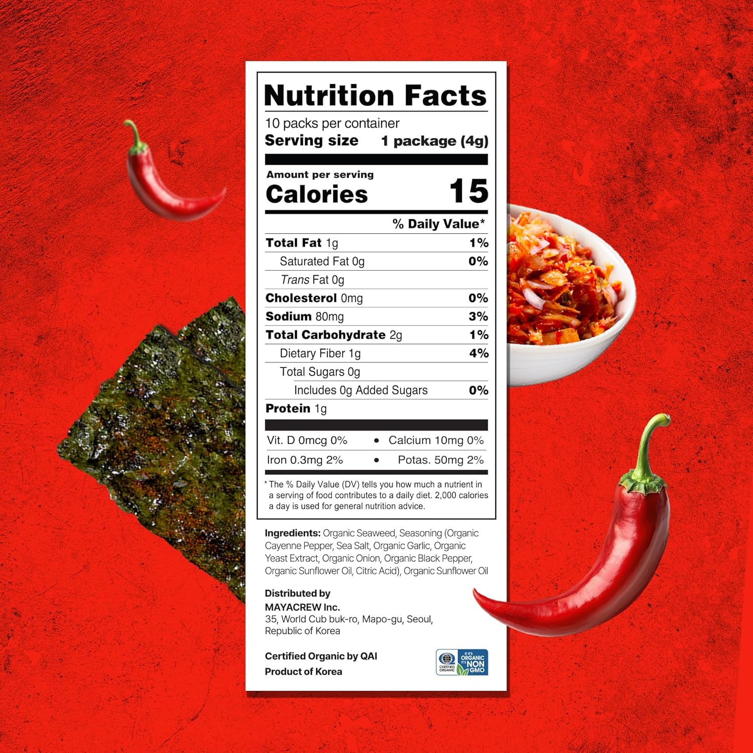 KIMCHIP Spicy Kimchi Roasted Seaweed Snack (30-Pack) - low Calories, Vegan, Organic, Gluten-Free
