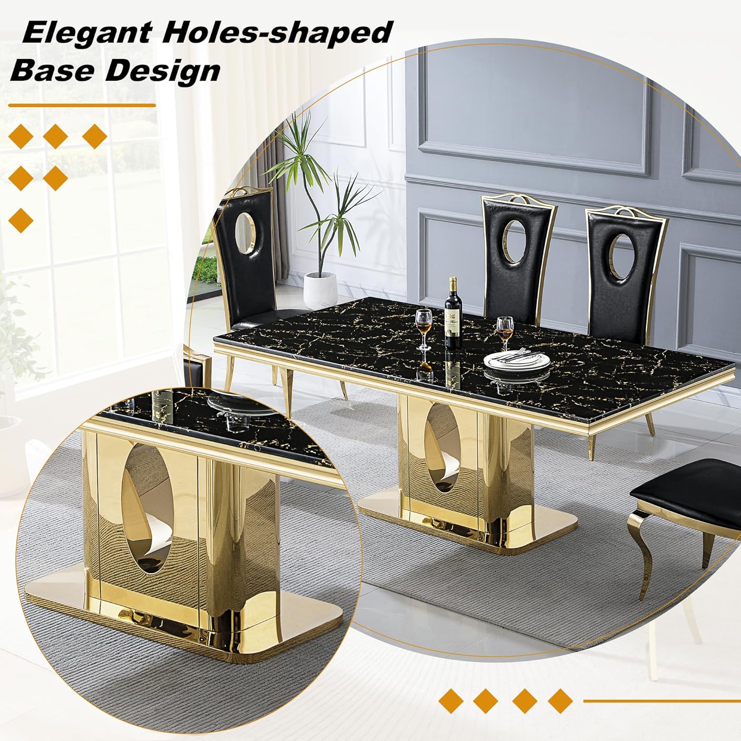 Luxurious 70" Marble Dining Table with Black Faux Marble Top and Gold Holes-Shape Base Stainless Steel Base, Rectangular Kitchen Table for 4-6, Dining Room, Kitchen, Easy to Clean