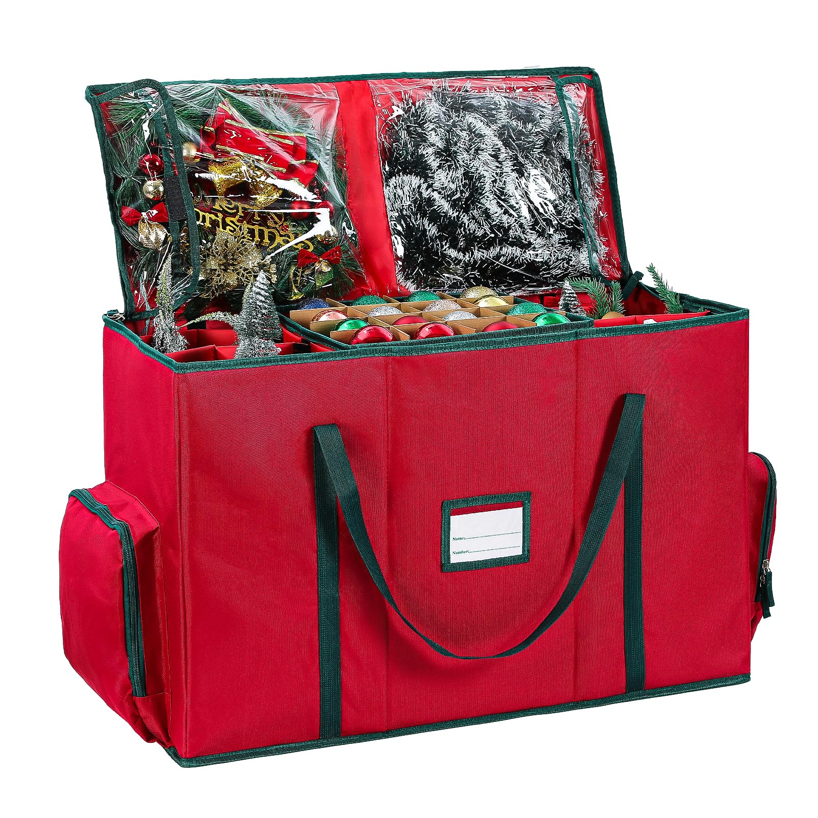 BIEBOS 2-In-1 Christmas Decoration Ornament Organizer Box? Movable Pallet Santas Bags Ornament Storage Containers, Holds 73 Holiday Ornaments, Adjustable Space For Figurines And Pockets For Decoration