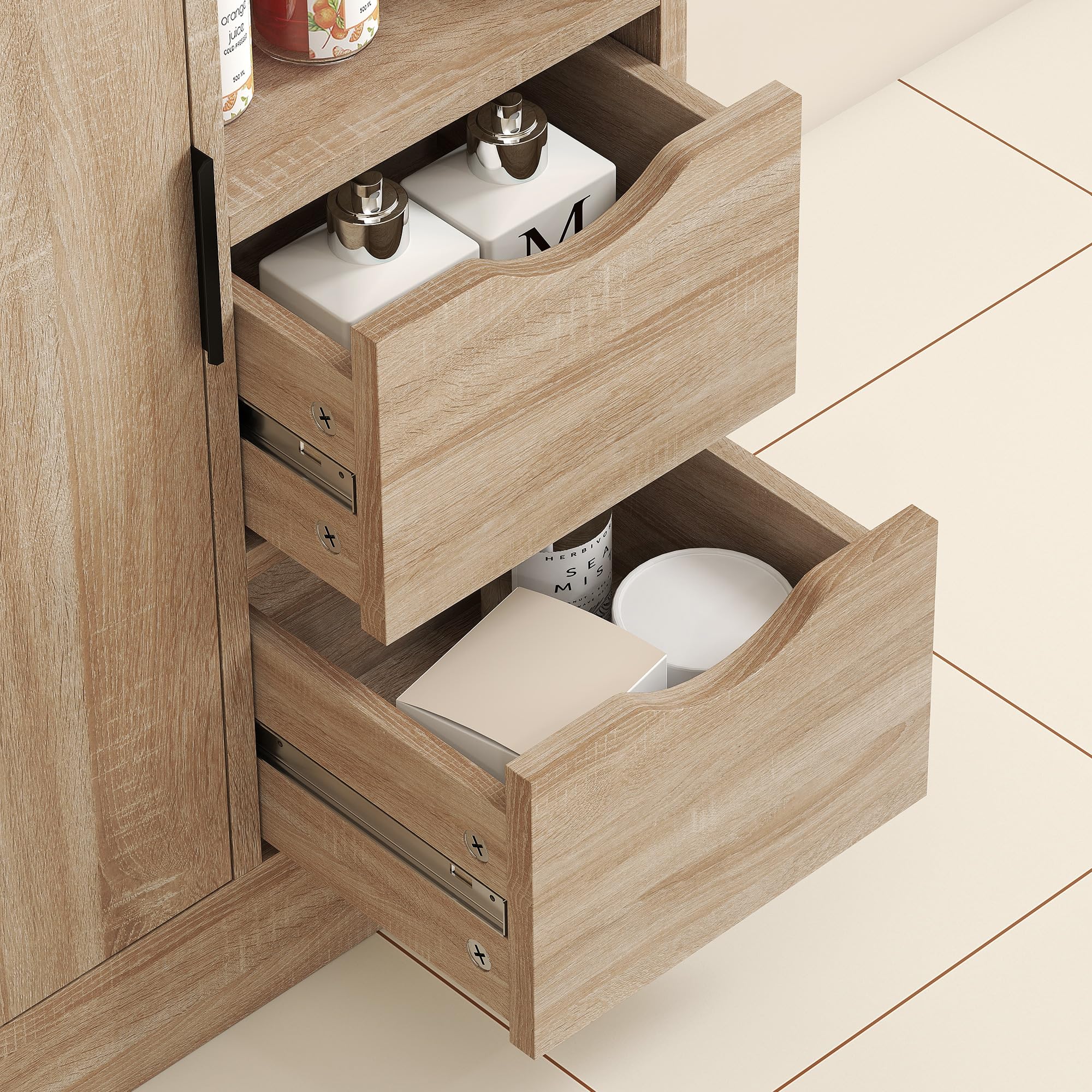 HOMCOM Mobiletto Bagno Salvaspazio Slim, Mobile Bagno con 2 Cassetti, Ripiani Regolabili a 3 Livelli e Armadietto, Stile Nordico, 50x25x100 cm, Legno Naturale