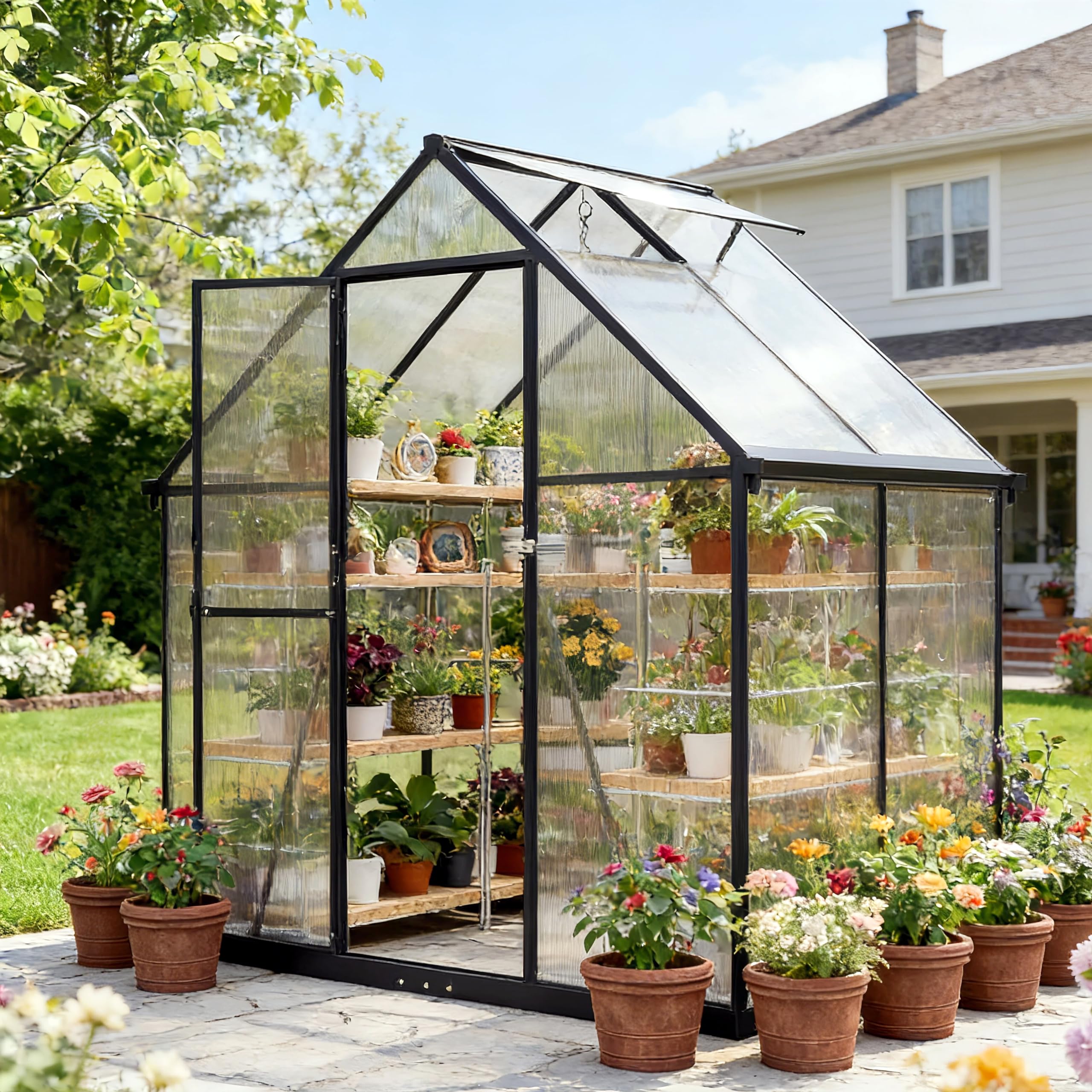 6 x 4ft Walk-in Polycarbonate Greenhouse, 2026 Upgraded Garden Black Greenhouse with Adjustable Roof Vent, Lockable Door, Upgraded Aluminum Anti-Storm-Snow frame, Plant Grow House for Patio Backyard