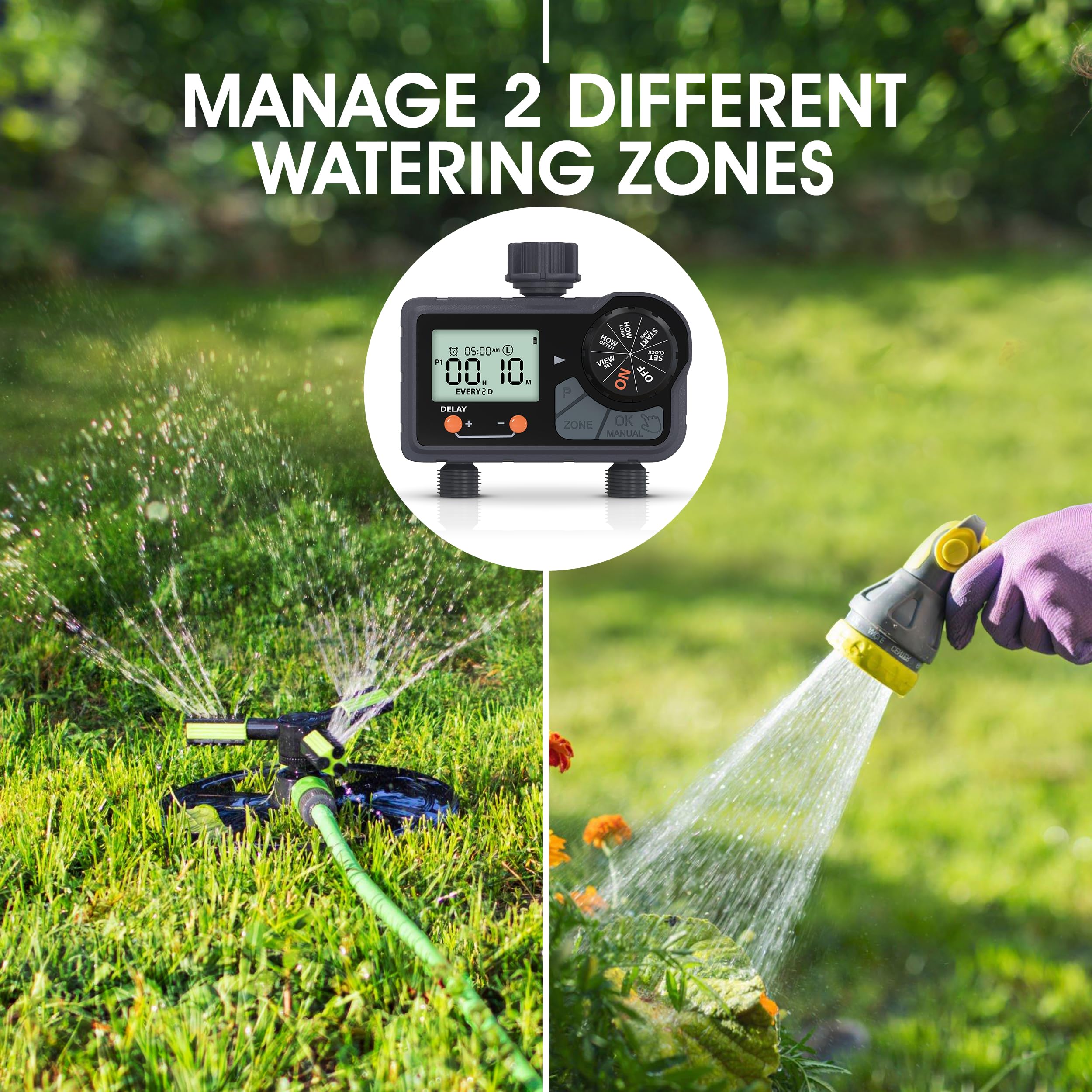 7Penn Timer dell'acqua a 2 zone, sistema di irrigazione programmabile per esterni, nero