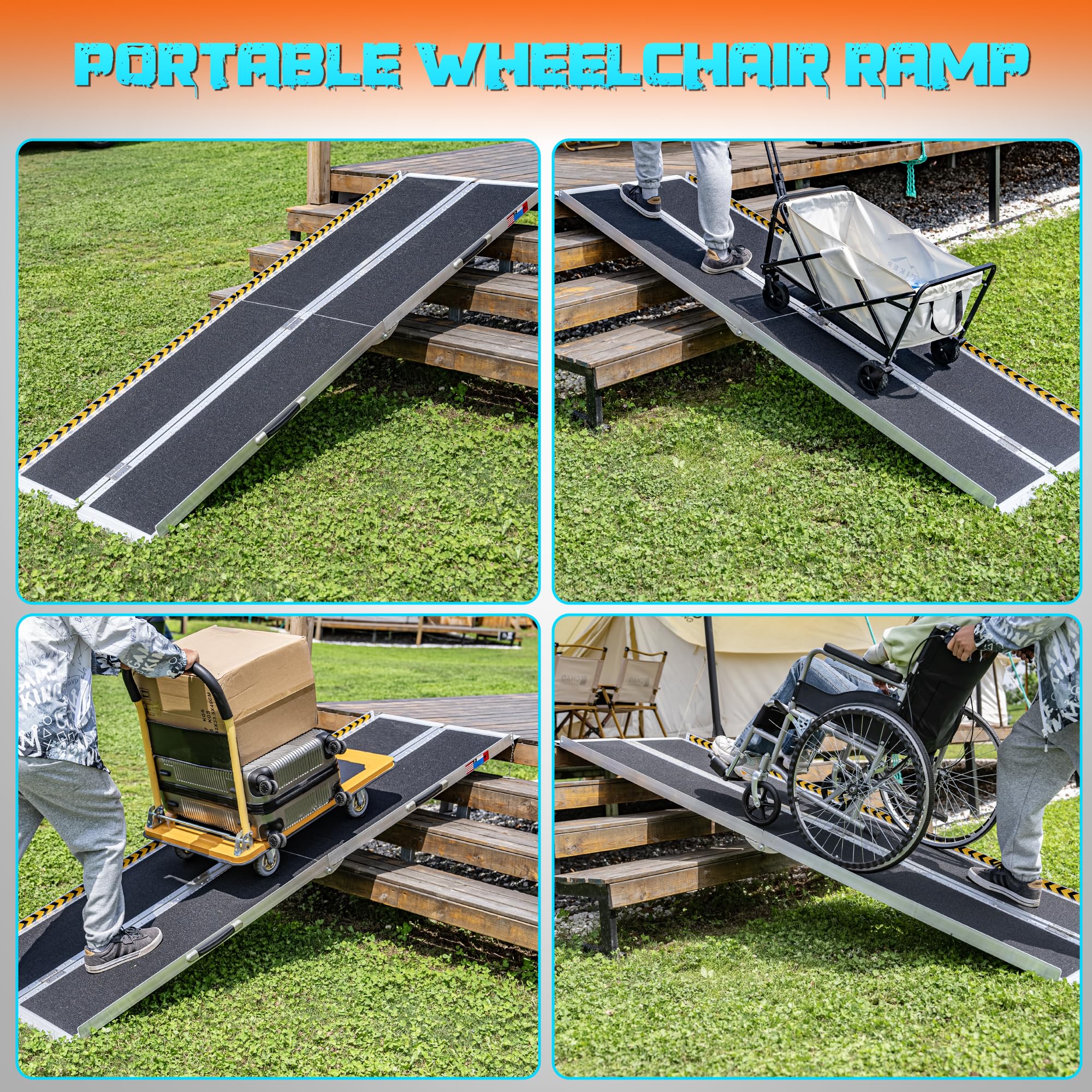 WHALEMOTOR Poręczna rampa dla wózków inwalidzkich, aluminiowa rampa dla wózków inwalidzkich, przenośna, antypoślizgowa rampa dla wózków inwalidzkich, udźwig do 272,2 kg, z płytami przejściowymi