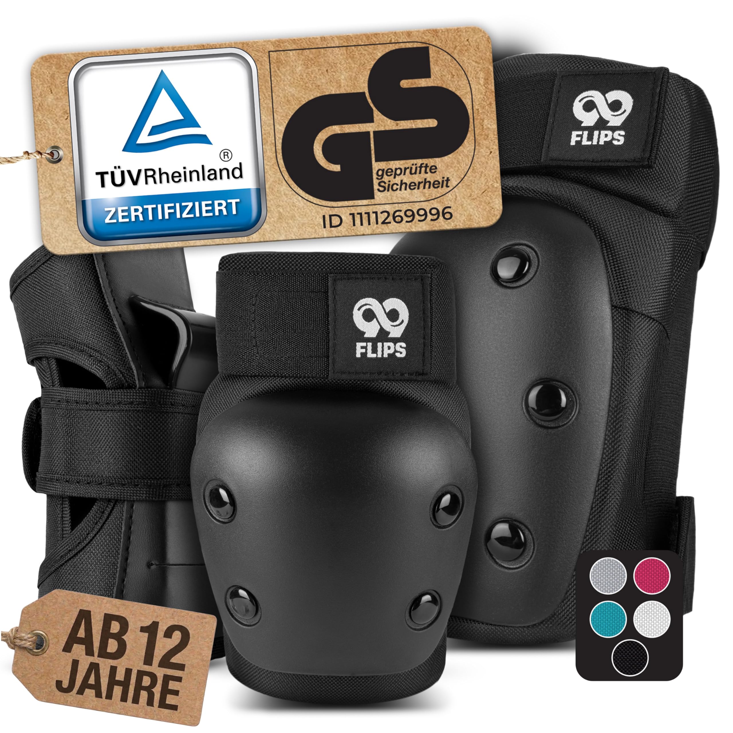 99FLIPS Inliner Schoner Erwachsene mit GS [6er Set] DIVE - L in Schwarz - Schoner Inliner Damen schützer erwachsene - Knieschoner Kinder 12 Jahre protektoren Skateboard