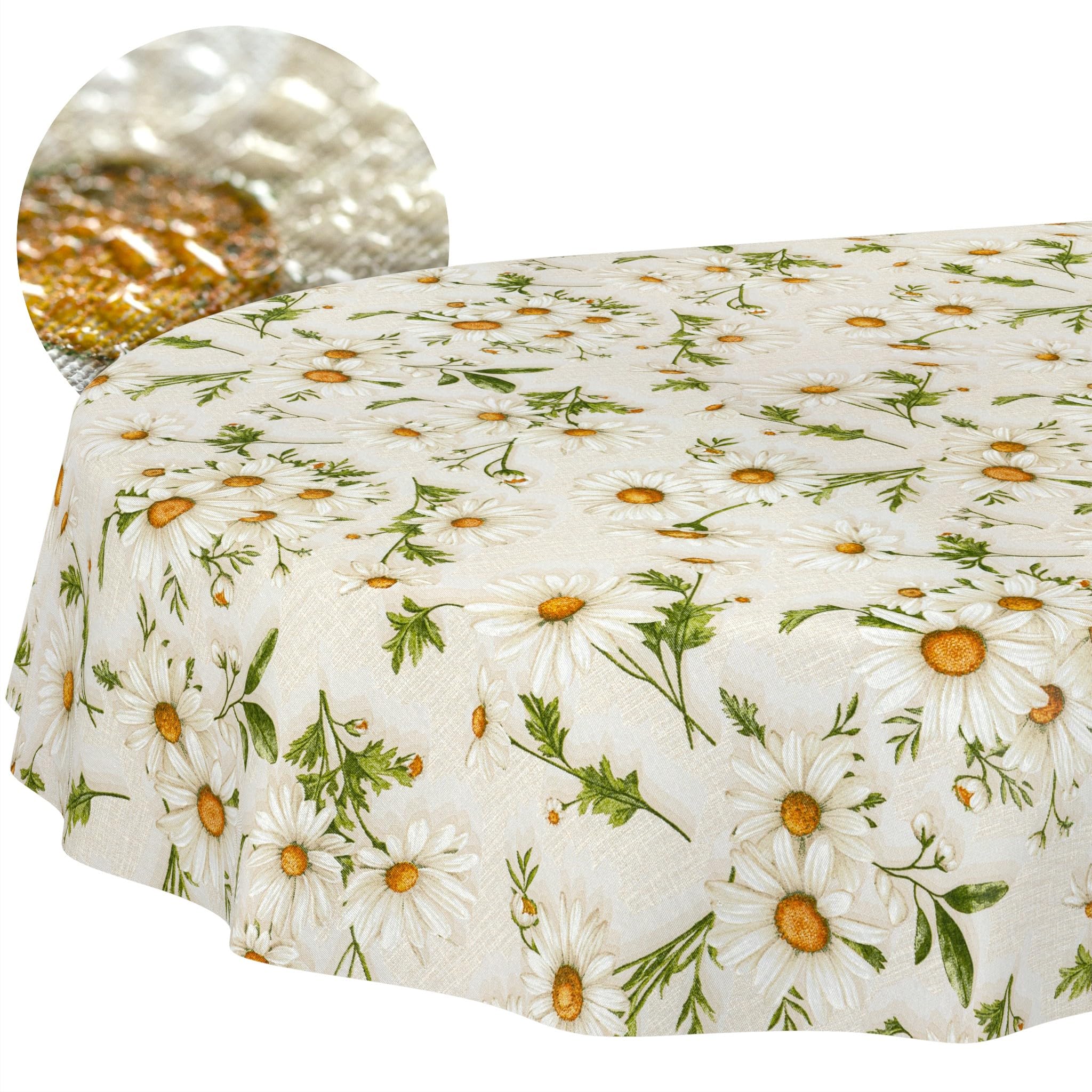 ANRO Washable Tablecloth Daisy White Oval 160 x 140 cm - Water-Repellent Indoor Outdoor Lotus Effect Cut Edge