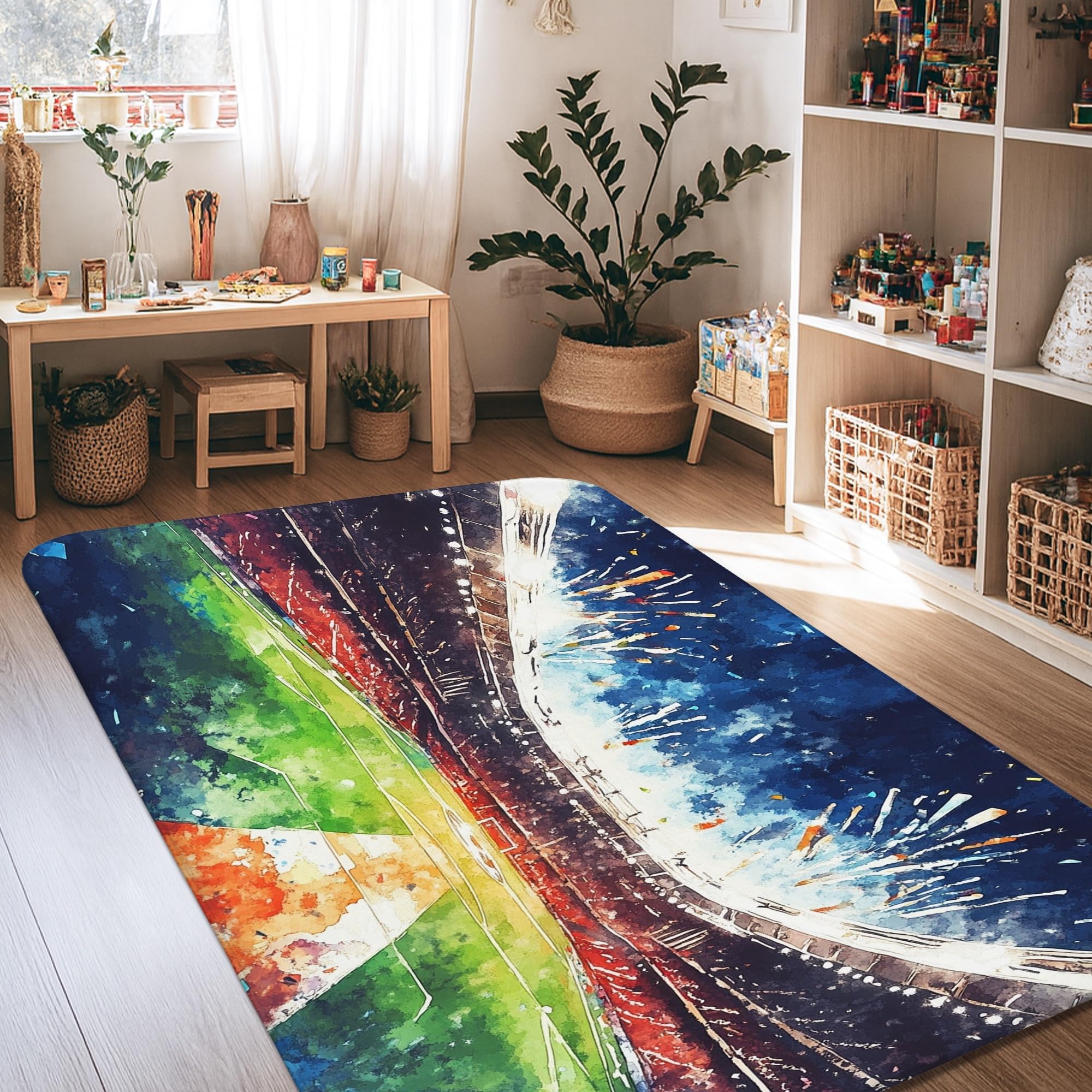 Tapis anti-taches vert motif stade herbe dynamique poils courts pour salon et chambre