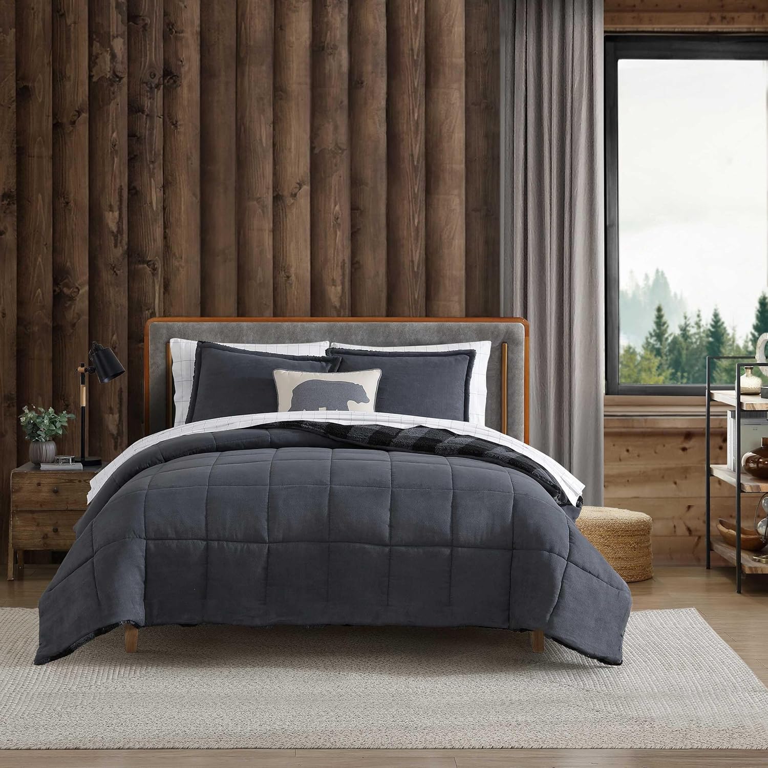 Eddie Bauer - Twin Comforter Set, Microsuede Bedding with Matching Sham, Plaid Home Decor, Oeko-Tex Certified (Cabin Plaid Grey, Twin) Cabin Plaid Grey Twin