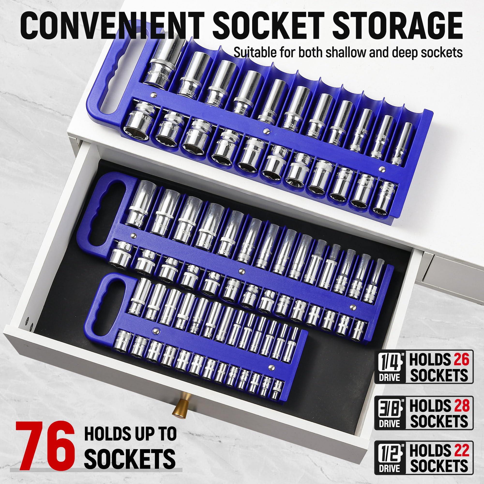 Reniteco Magnetic Socket Holder Set, 3-Piece Black Portable Magnetic Socket Organizer Tray, Heavy Duty Socket Racks For 1/2-inch& 3/8-inch& 1/4-inch Drive, Hold 76 Sockets - Fit Shallow&Deep Sockets - View #9