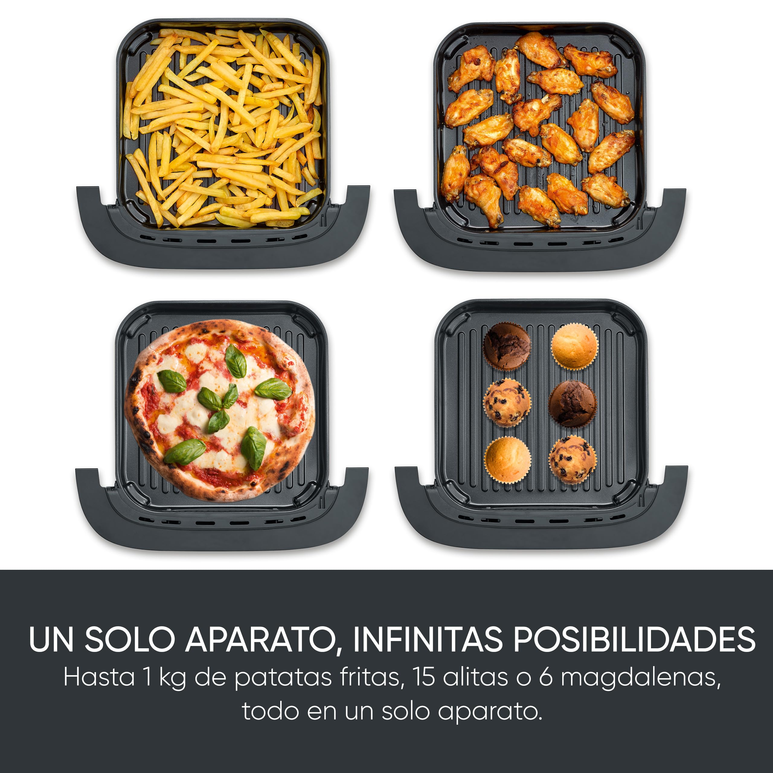 SEVERIN Freidora de aire S-Fry Pizza & More, 10 programas automáticos para pizza y más, distribución óptima del calor, forma extraancha, ventana de visualización, 4 l, 2100 W, negro, plateado, FR 2464