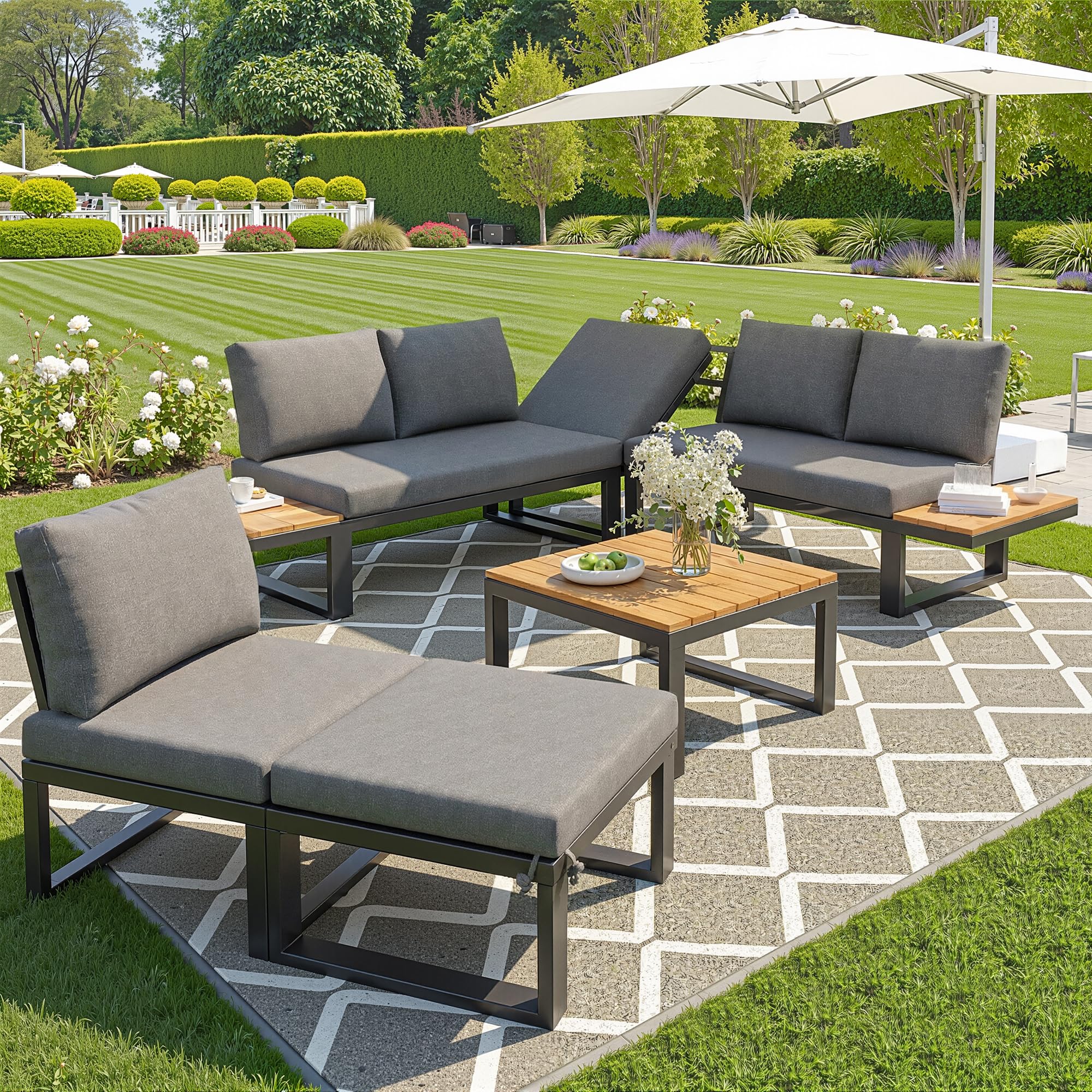 Kebnor Juego de salón de jardín de 6 piezas con respaldo ajustable, sofá esquinero con mesa de café y taburetes, estructura de acero resistente a la intemperie, cojines de asiento en gris/beige, para