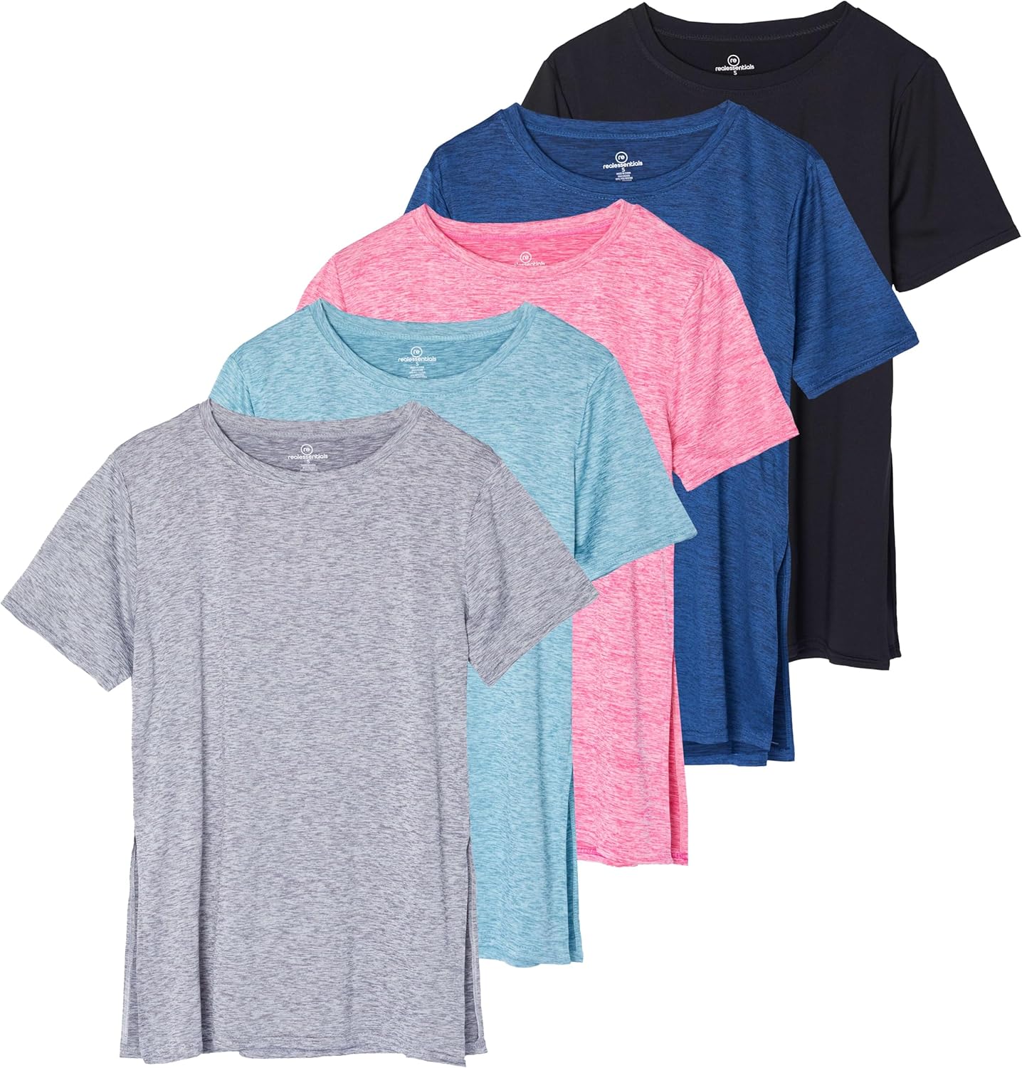 Real Essentials 5 Pack: Women’s Short Sleeve Active Workout T-Shirts – Dry Fit Gym Tops with Split Hem (Plus Sizes) Real Essentials 5 Pack: Women’s Short Sleeve Active Workout T-Shirts – Dry Fit Gym Tops with Split Hem (Plus Sizes)