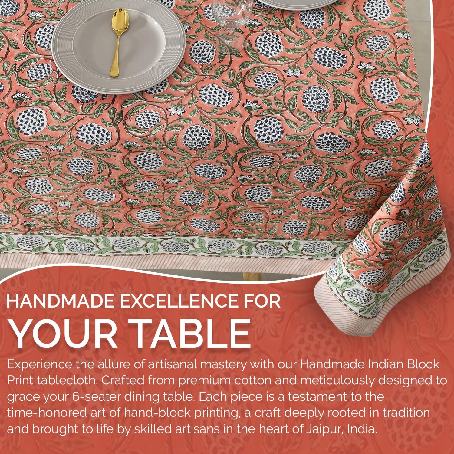 Labhanshi Indian Block Print Table Cloth|Washable Cotton Floral 72x135 Inch Rectangle 10-Seater Rustic FarmHouse Spring Easter Table Top Dining Cloth|Baby Shower Birthday Party Decor |Dark Salmon Pink