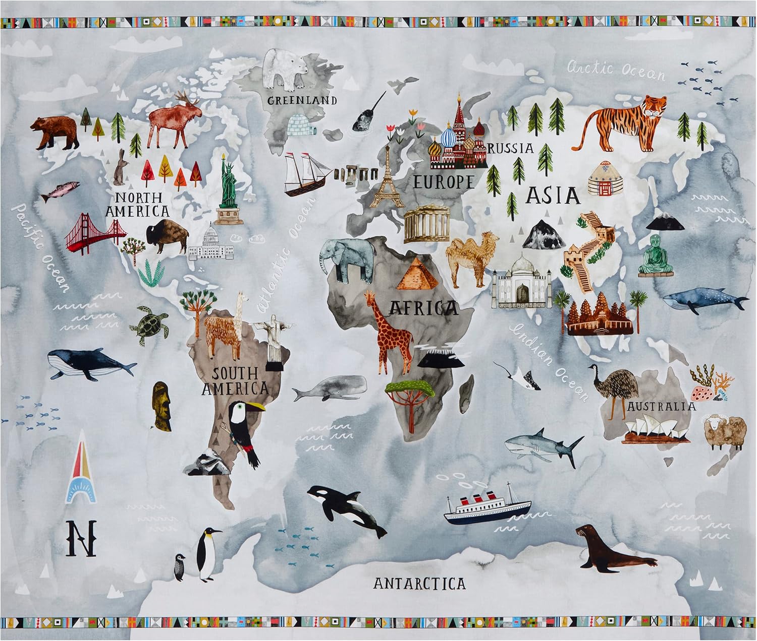 Michael Miller Around The World World Map 36 Panel Multi, Fabric by The Yard