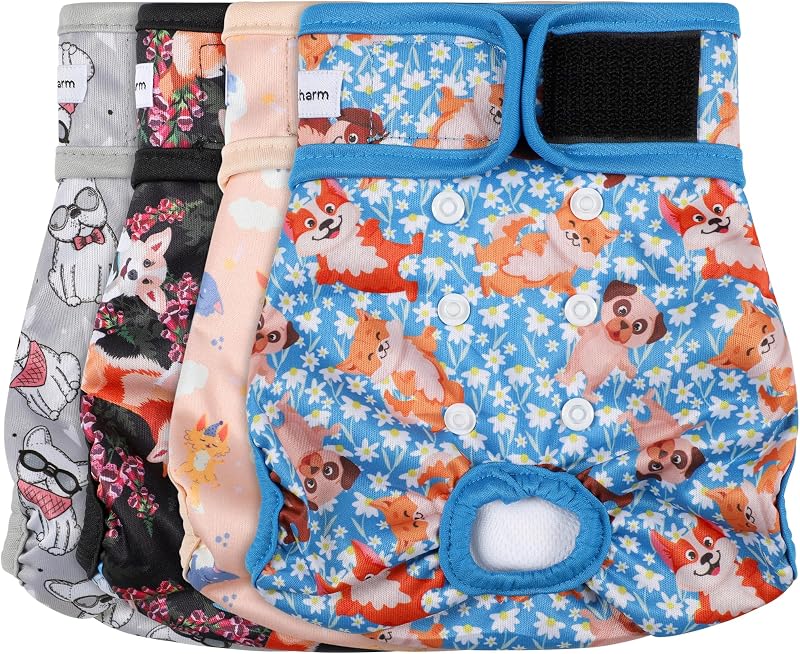 Paquete de 4 pañales reutilizables para perros hembra, pañales para perros altamente absorbentes para perros hembras, pañales para perros pequeños, Bulldog
