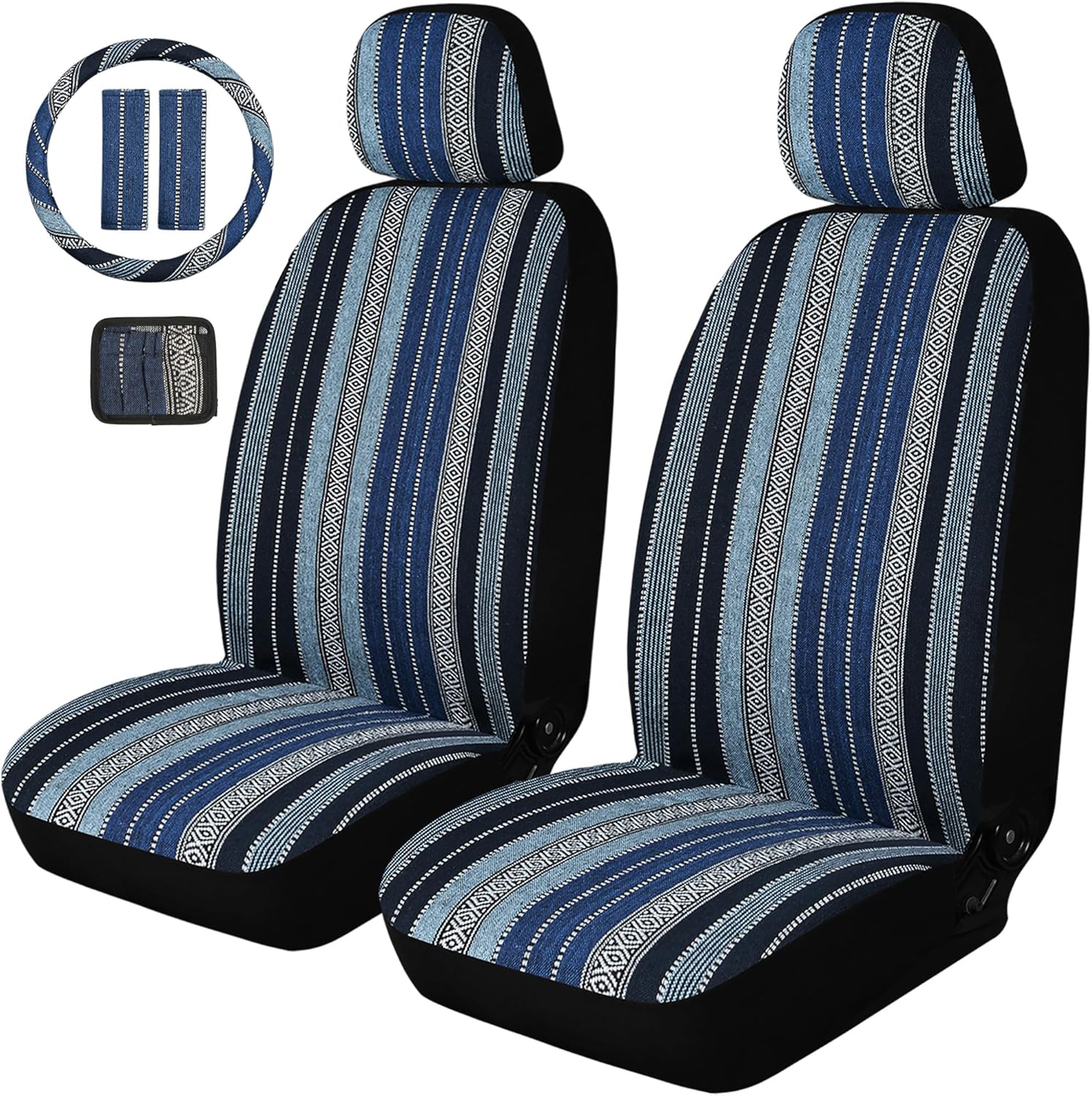 Baja Saddle Blanket Car Seat Covers, Boho Striped Woven Front Seat Protectors, Breathable & Washable Interior Covers, Universal Fit for Most Cars SUVs Trucks, Airbag Compatible, Blue, 8 pcs.