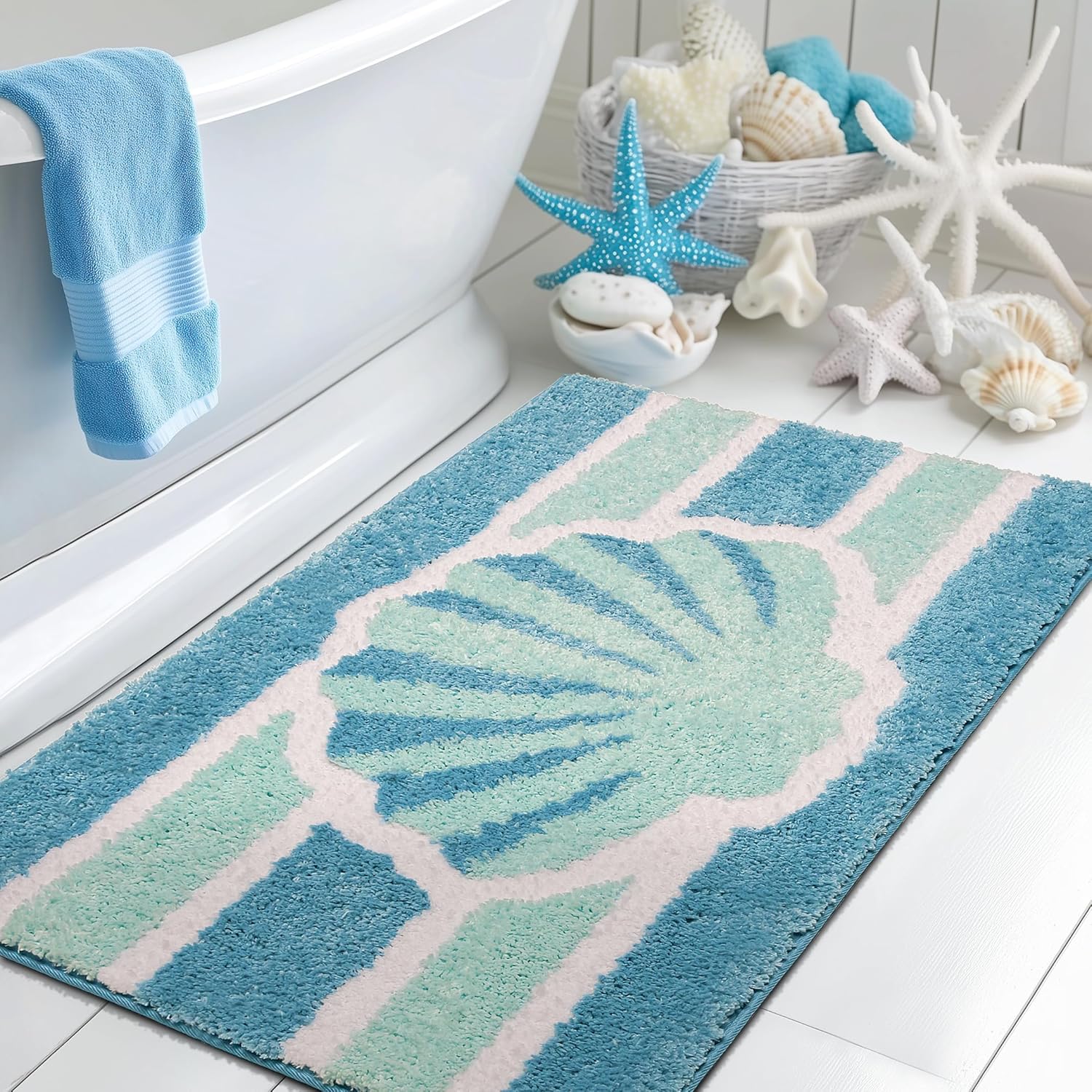 Tyrot Blue Beach Bathroom Rugs Non Slip Washable Small Cute Coastal Bath Mats Rugs for Bathroom Floor Nautical Fluffy Plush Soft Absorbent Farmhouse Carpet for Shower, Tub, 20x32 inch