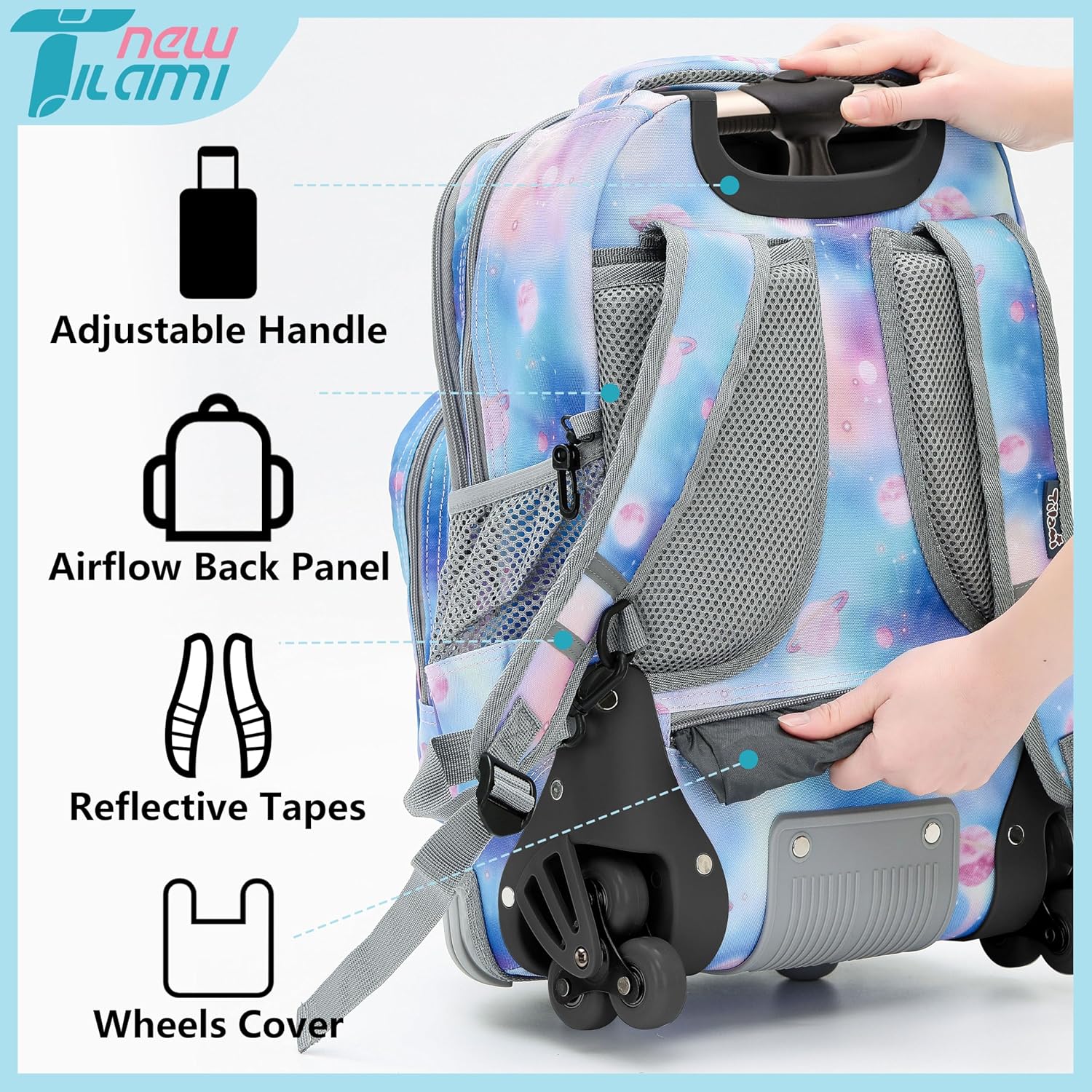 NEW TILAMI 18 inch Kids Rolling Backpack for School with Big Storage, Waterproof, Adjustable Handle - Perfect for Girls & Boys, Blue Star