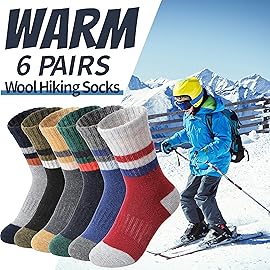 EBMORE Kids Merino Wool Hiking Socks Boys Toddlers Girls Winter Thermal Thick Warm Boot Cushion Ski Snow Gift Socks Stocking Stuffers 6 Pairs(Stripes,1-3T)