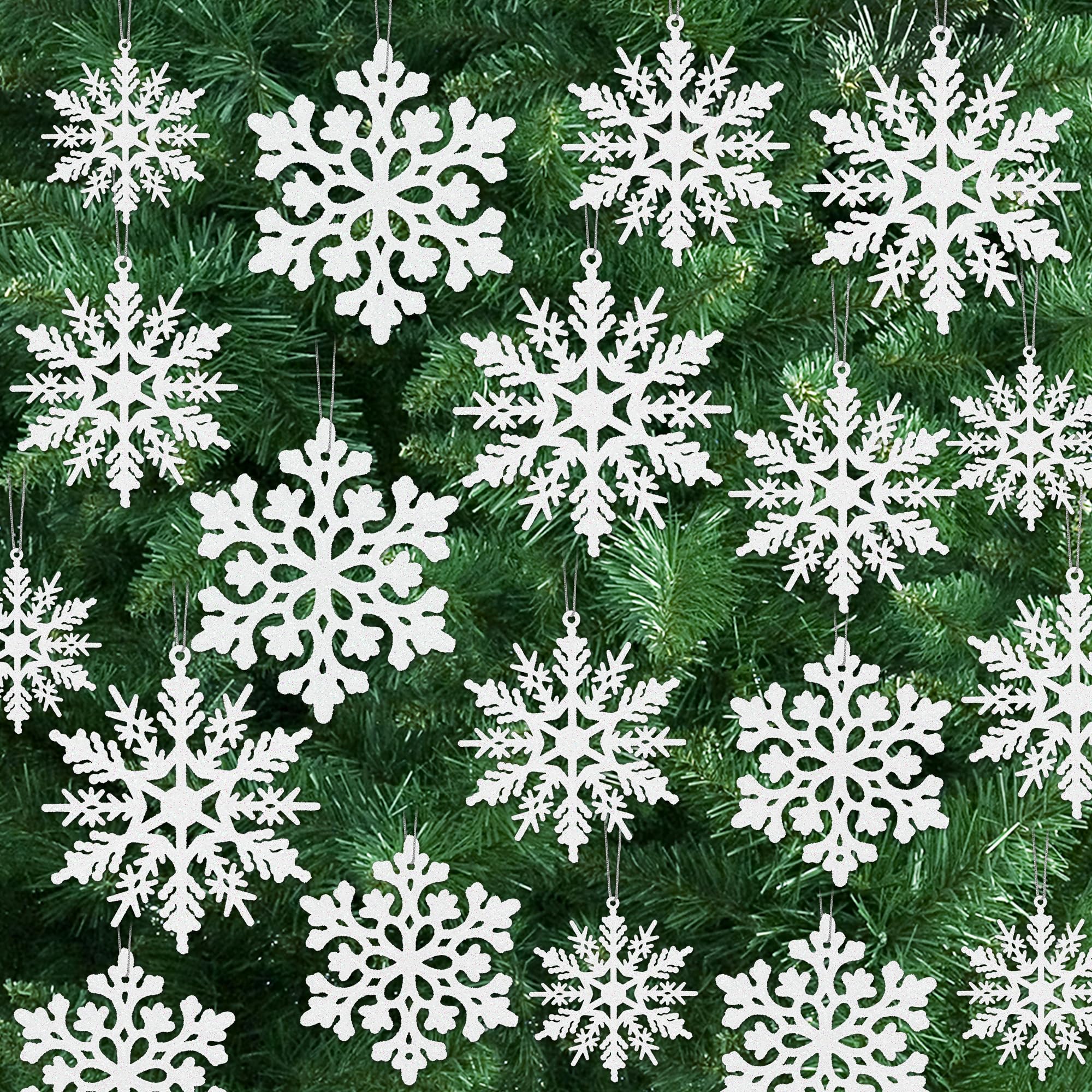 24PCS Snowflake Ornaments, Christmas White Snowflakes Tree Decorations, Plastic Glitter Snow Flakes Decorating Hanging, Xmas Tree Ornaments Indoor Ceiling Fireplace Winter Wonderland Decor