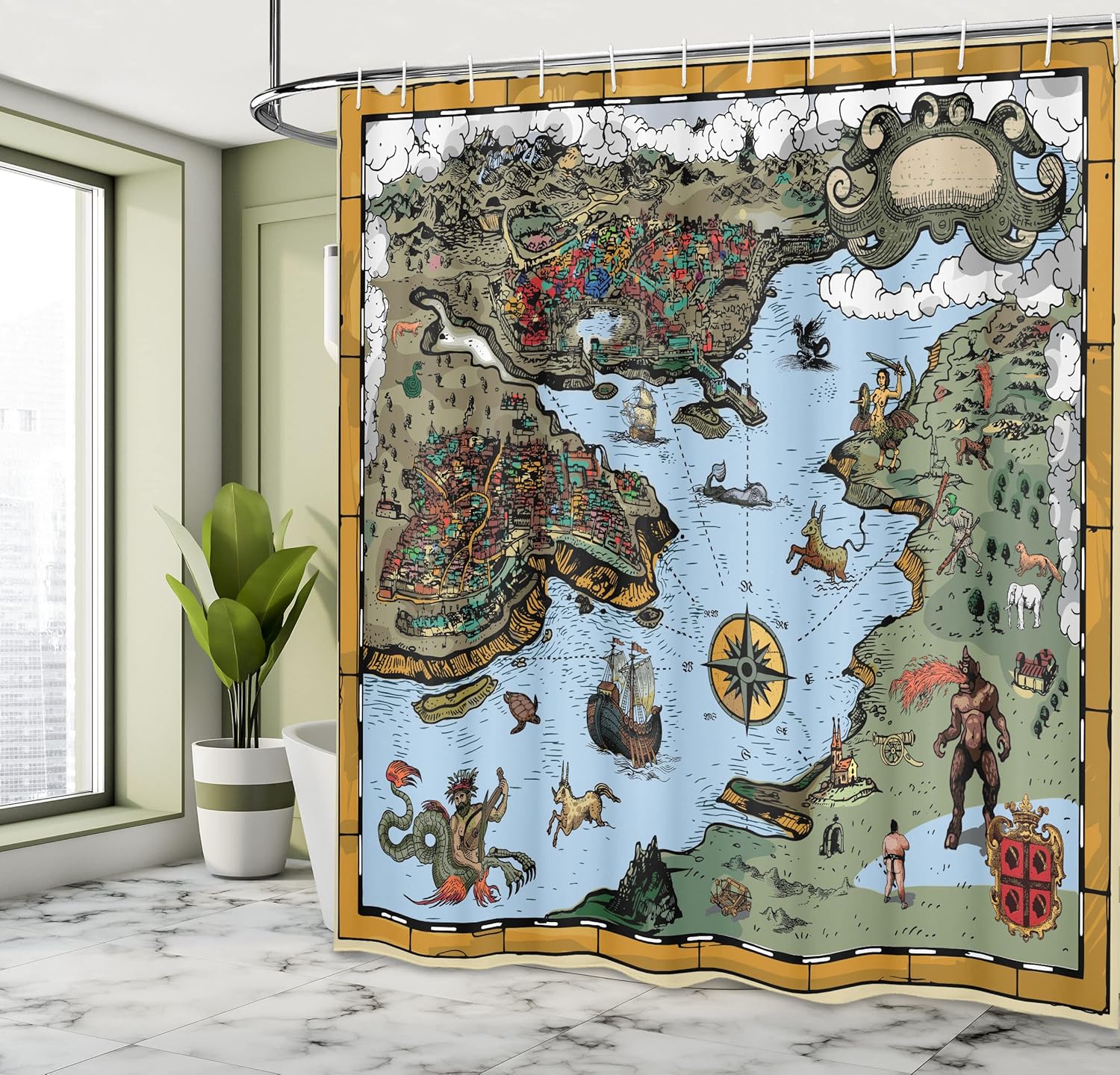 Ambesonne Compass Shower Curtain, Antique Map of Rivers and Land Full of Monsters with Pirates Giant Creatures Cartoon Style of an Art, Cloth Fabric Bathroom Set with Hooks, 69" W x 75" L, Olive Blue