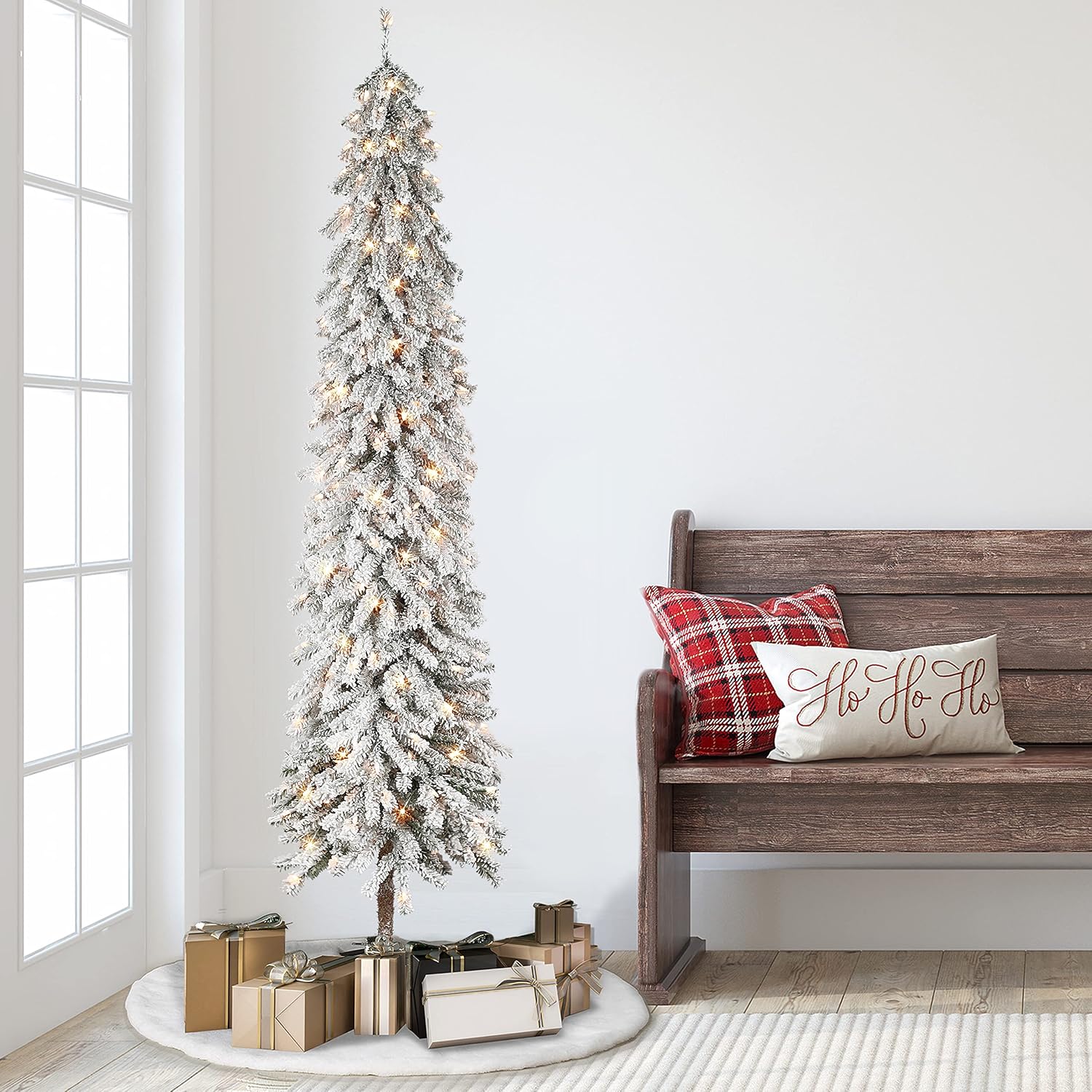 Puleo International 6 ft Pre-Lit Flocked Alpine Artificial Tree 518 Tips 200 Clear Lights