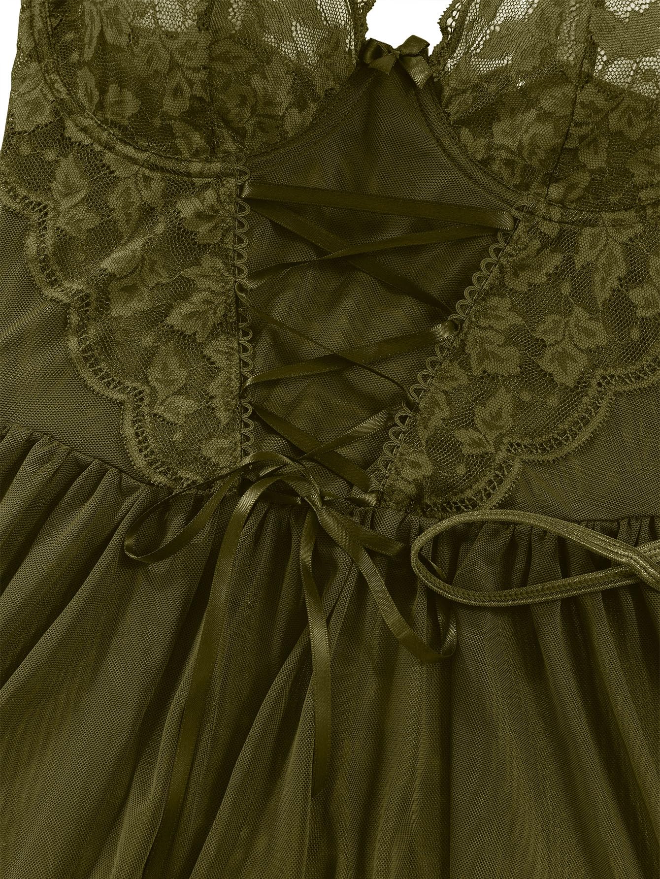 Lilosy Sexy Floral Lace Babydoll NightDress Thong Chemise Lingerie Nightwear Cute Underwire Push Up Corset Outfit with Women Mesh Sheer Nightgown Slip Army Green Small: XX-Large Army Green