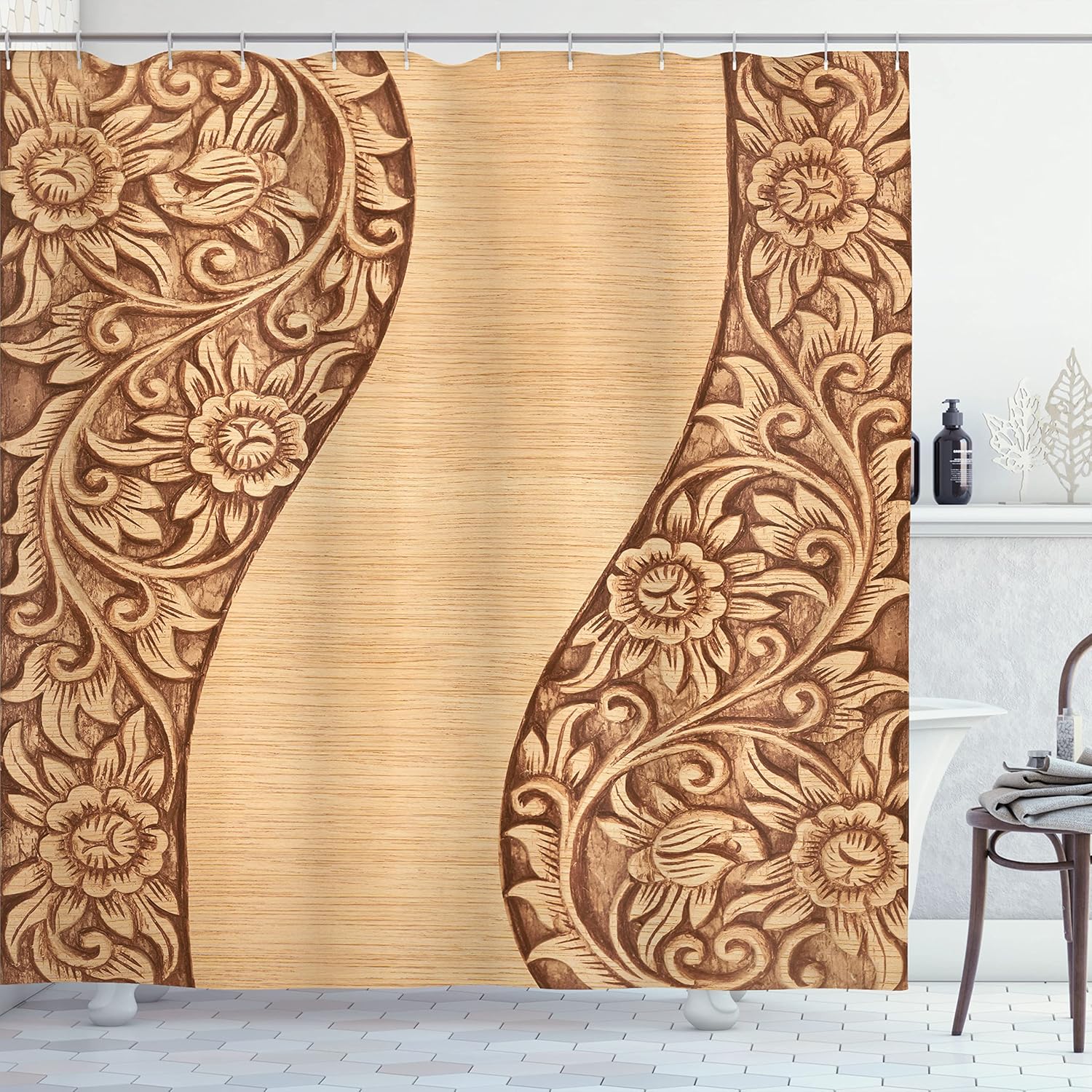 Ambesonne Floral Shower Curtain, Abstract Wooden Print Style Composition in Monochrome Tones Ornate Print Nostalgic Arrangement, Fabric Bathroom Decor Set with Hooks, 69" W x 70" L, Brown and Khaki