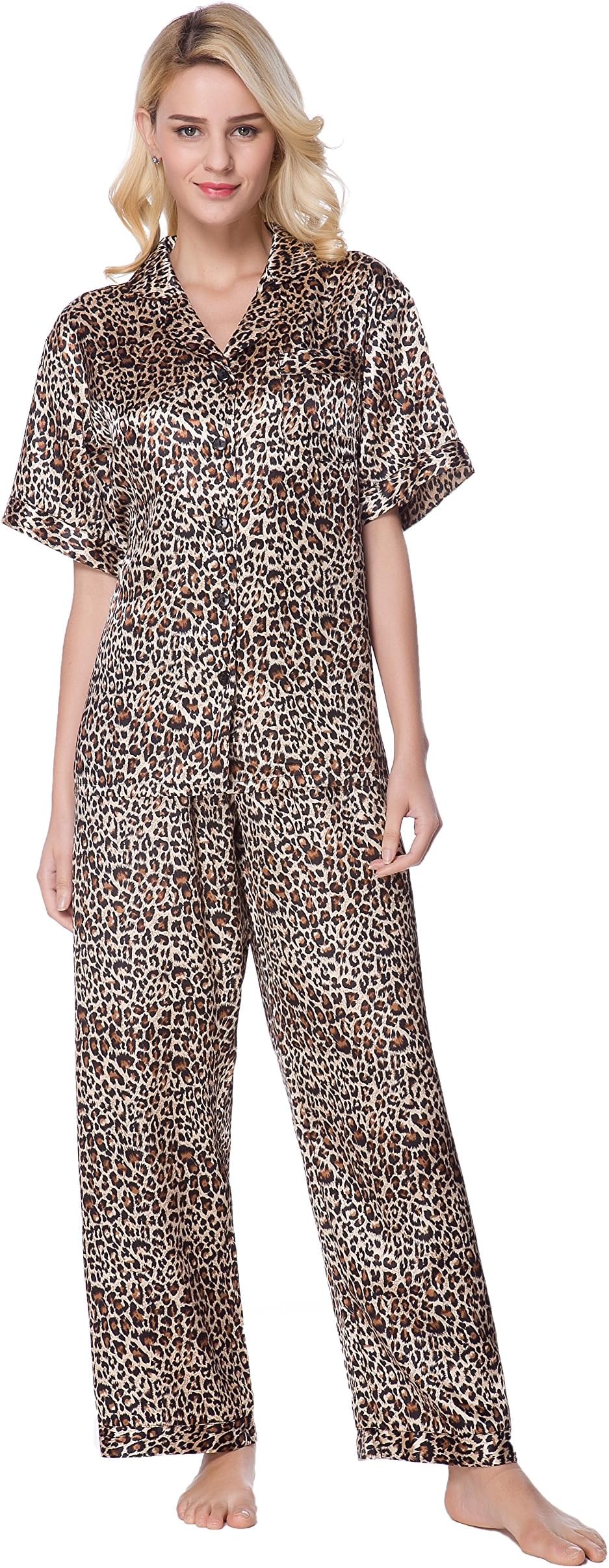 LavenderiWomen's Short Sleeve Classic Satin Pajama Set - Soft Silky Sleepwear for Women, Comfortable & Stylish