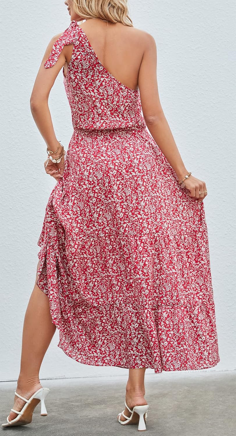 Kormei Women Floral Summer Knot One Shoulder Sleeveless Ruffled Tiered Flowy Boho Beach Maxi Long Dresses - Image 4
