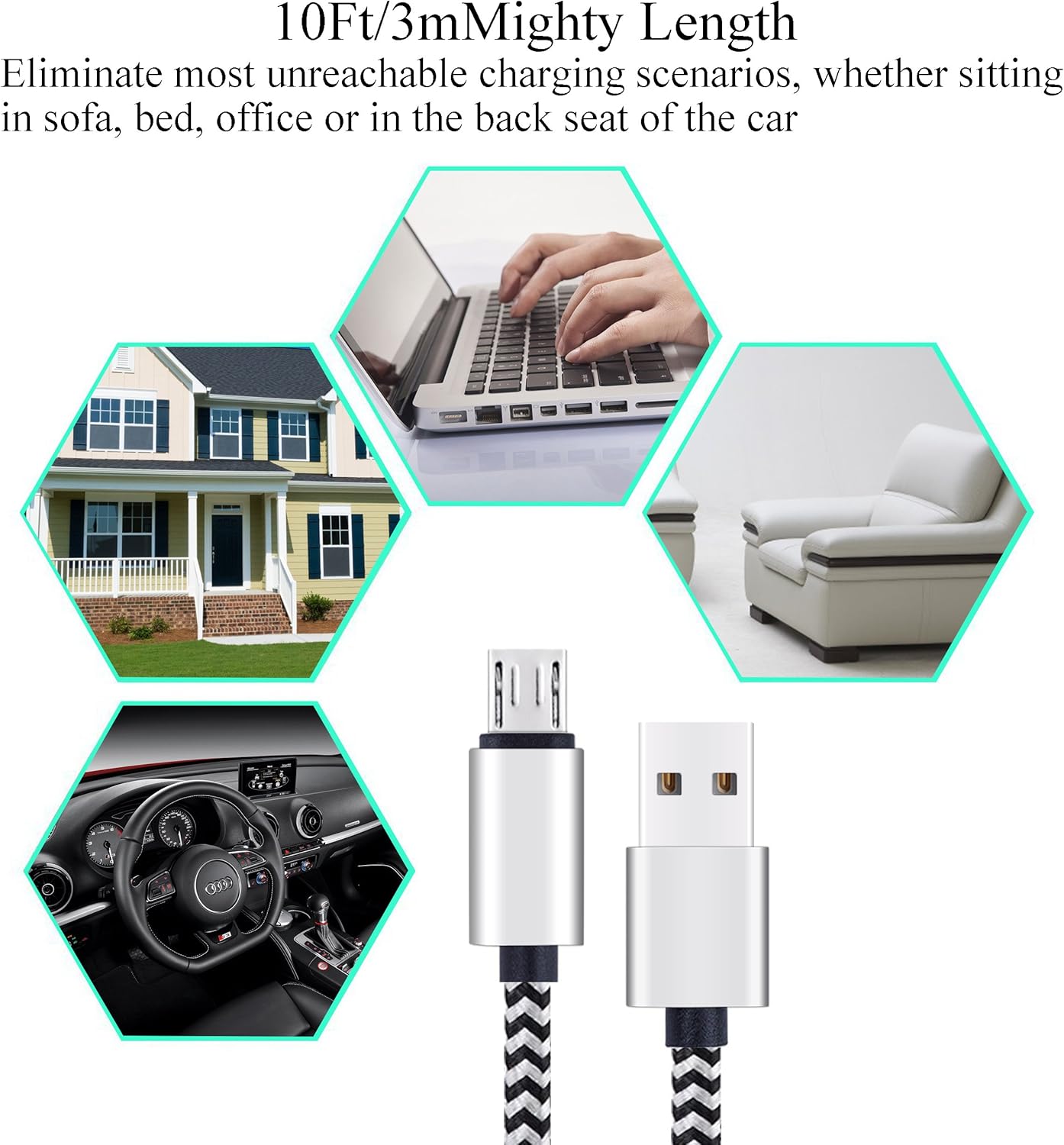 Micro USB Cable 10ft 3Pack by Ailun High Speed 2.0 USB A Male to Micro USB Sync Charging Nylon Braided Cable for Android Phone Charger Cable Tablets Wall and Car Charger Connection Silver&Blackwhite : Electronics