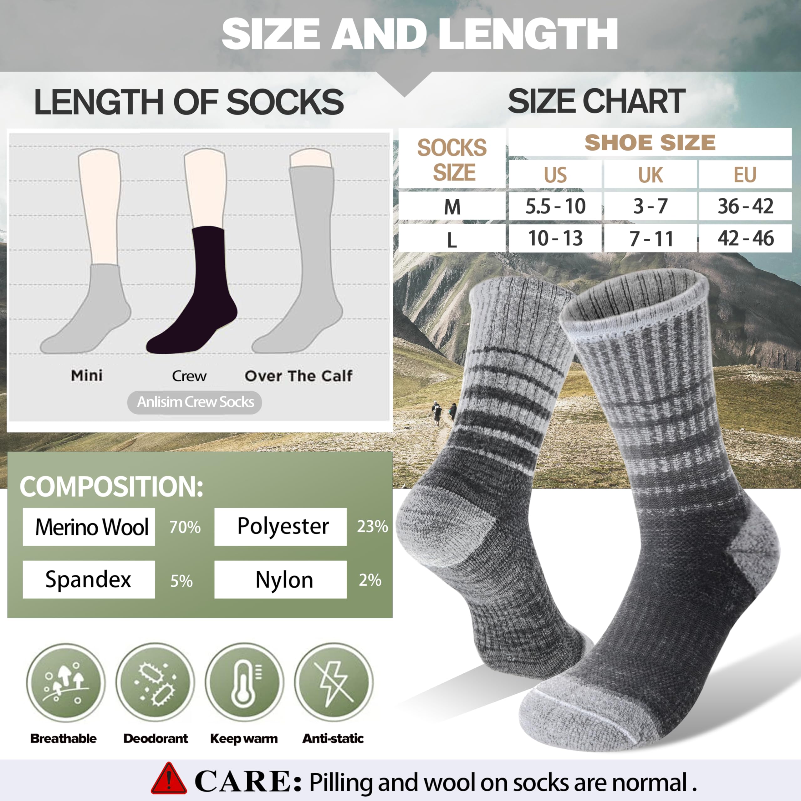 Anlisim Calcetines térmicos de lana merino para mujer, para invierno, cálidos, para botas de trabajo, 5 pares