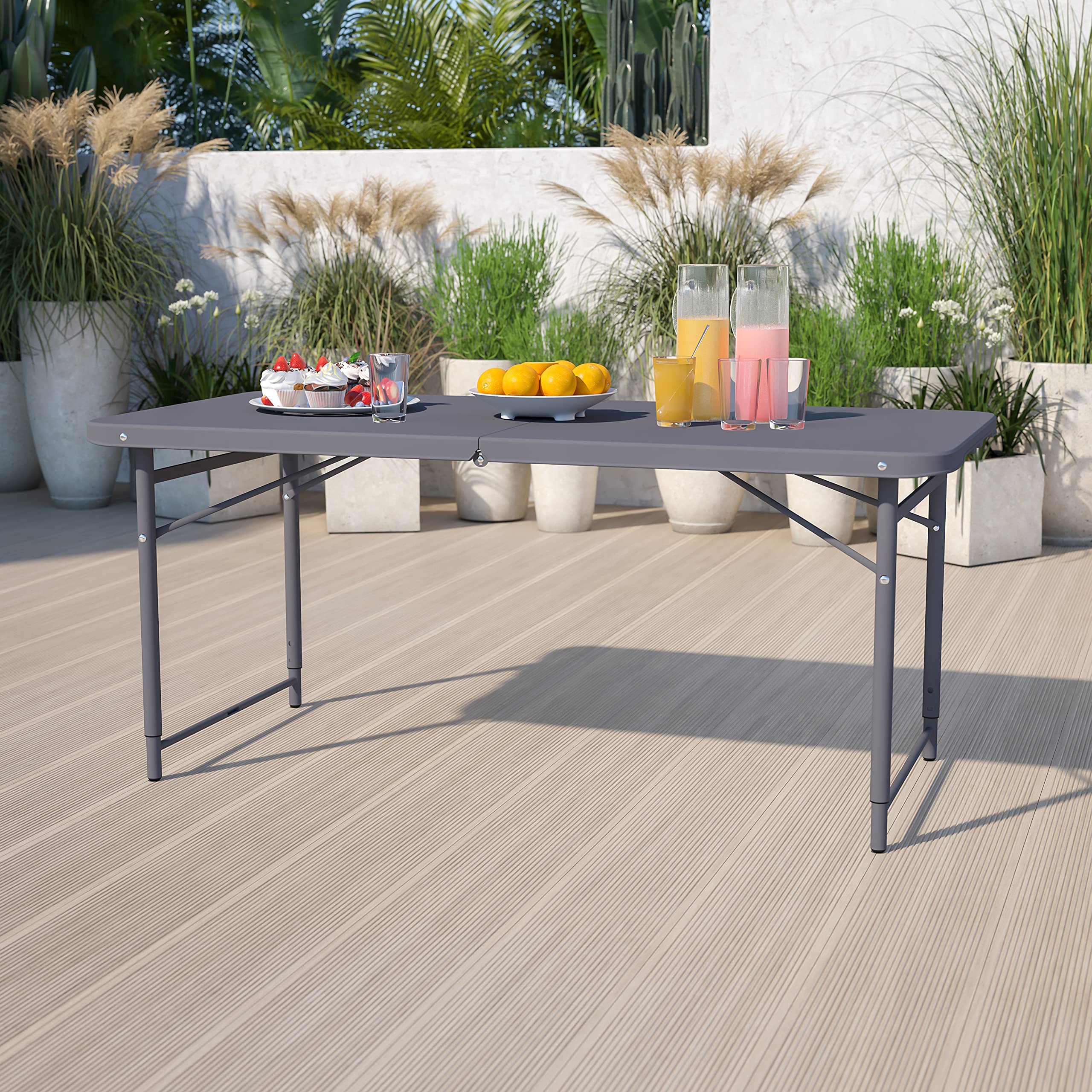 EMMA + OLIVER4-Foot Height Adjustable Bi-Fold Dark Gray Plastic Folding Table with Handle