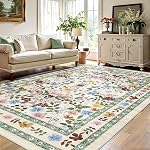 Area Rugs 3x5 Green Floral Small Thin Entryway Rug - Vintage Boho Washable Non-Slip Living Room Carpet Soft Low Pile Bedroom Floor Mat Indoor Home Decor for Dining Room Playroom Farmhouse, Green/Multi