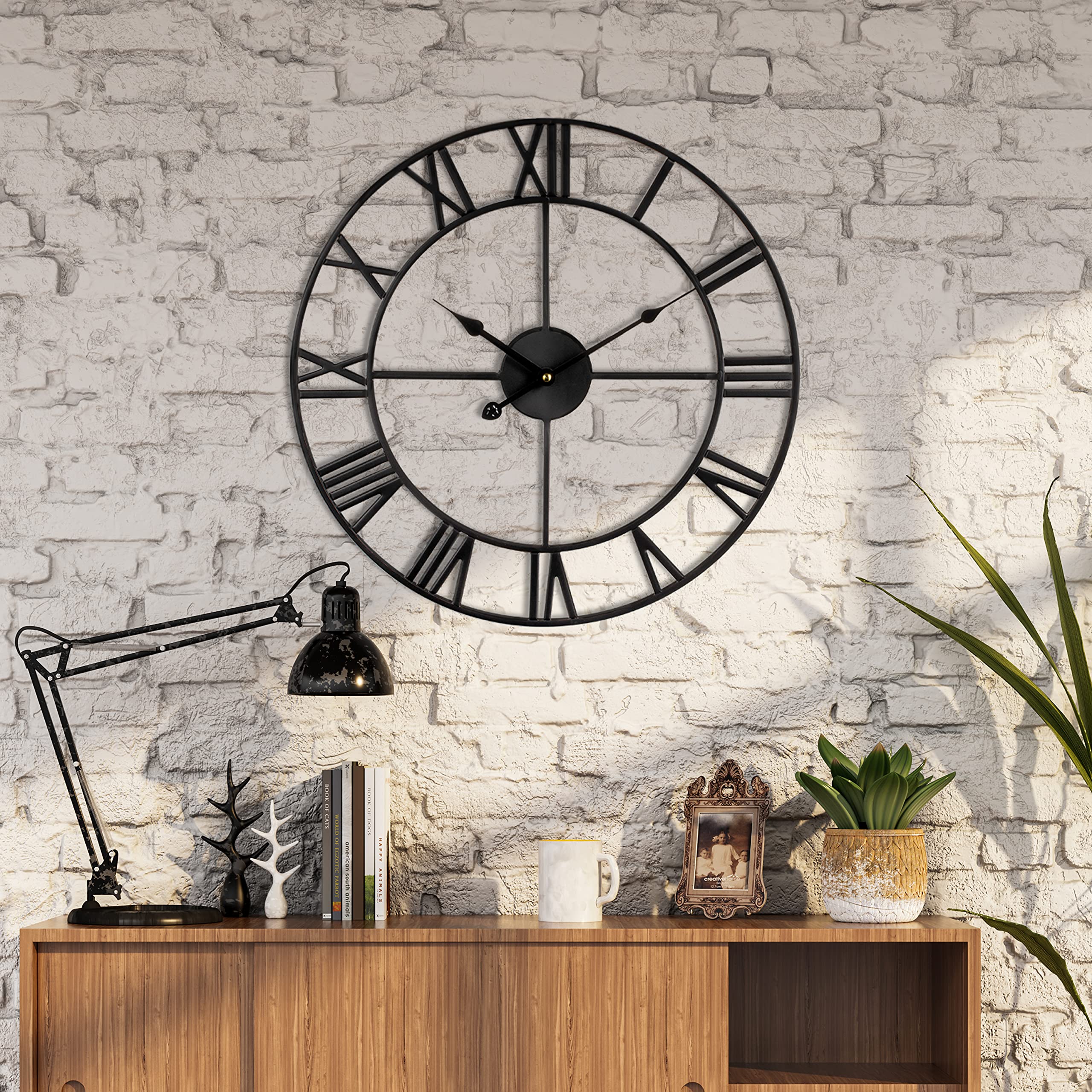 Maxstar Modern Roman Numerals Large Wall Clocks,Silent Non Ticking,Round,Metal,Vintage Wall Clock for Living Room,Kitchen,Bedrooms,Garden Decor-Black 47cm