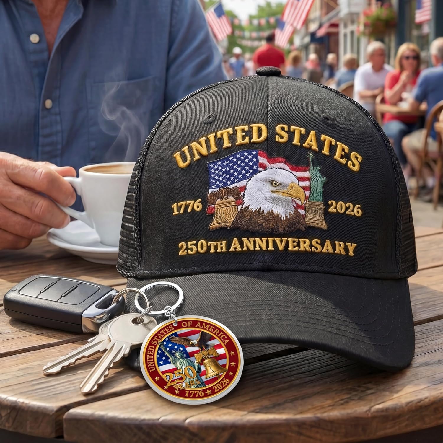Hyturlte 250 Anniversary USA Hat Embroidered Patriots Eagle Trucker Cap with Keychain, 250th Anniversary Mesh Back Cap for Men Women, Adjustable America 250 Patriotic Hat