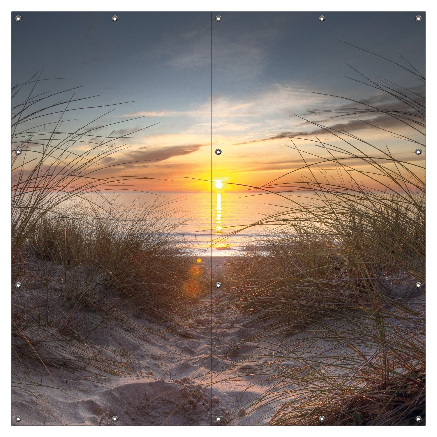 Wallario XXL Outdoor-Poster für Garten oder Balkon Sonnenuntergang am Strand, Motivbanner Größe: ca. 180 x 180cm, 2-teilig, Outdoor-Bild