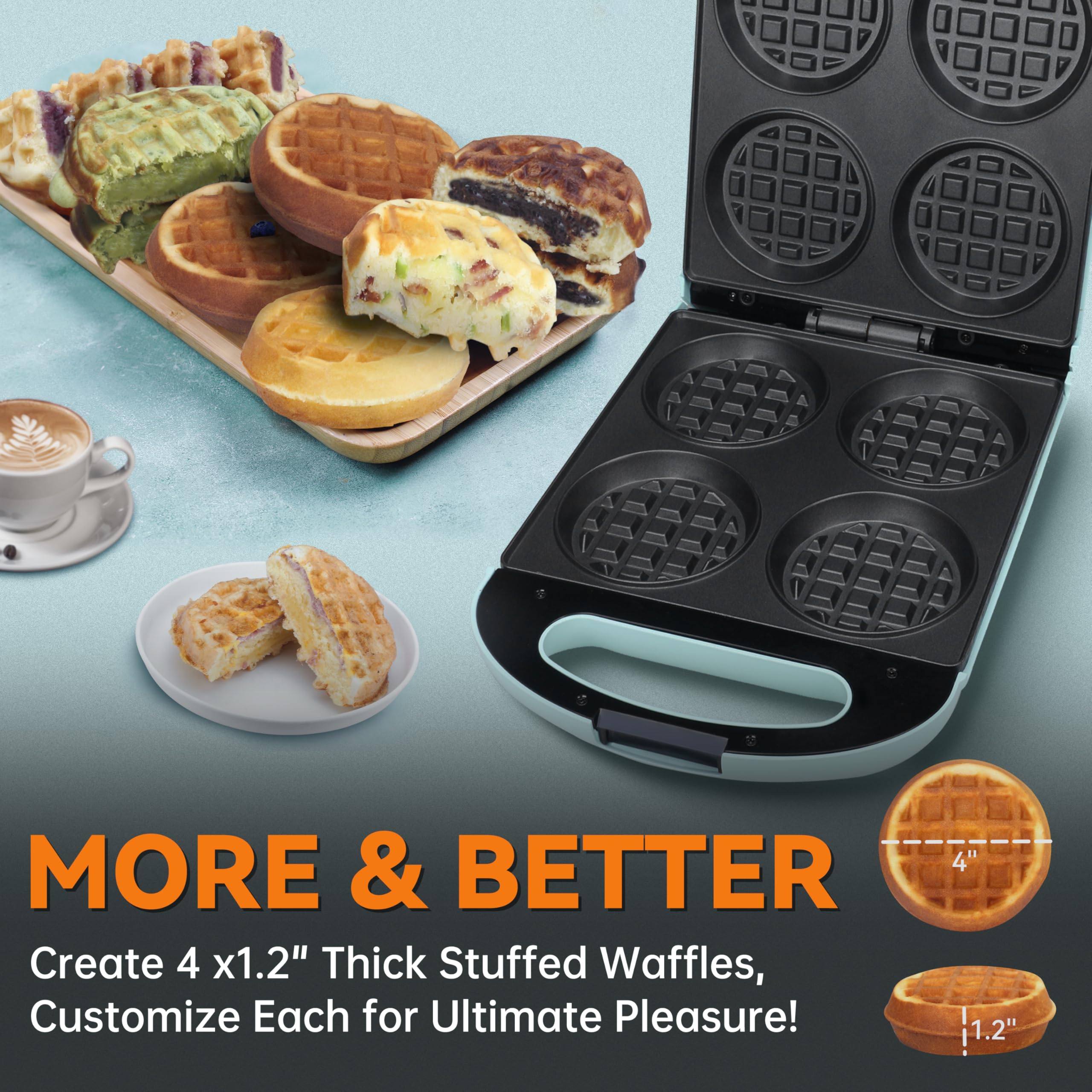 Baker's Friend Multi Stuffed Waffle Maker Thick, 4-Slice with 1.2'' Thick & 4'' Dia, Belgian Mini Waffle Maker Flip, Nonstick Breakfast Sandwich Maker, Stuffed Waffle Iron, Aqua