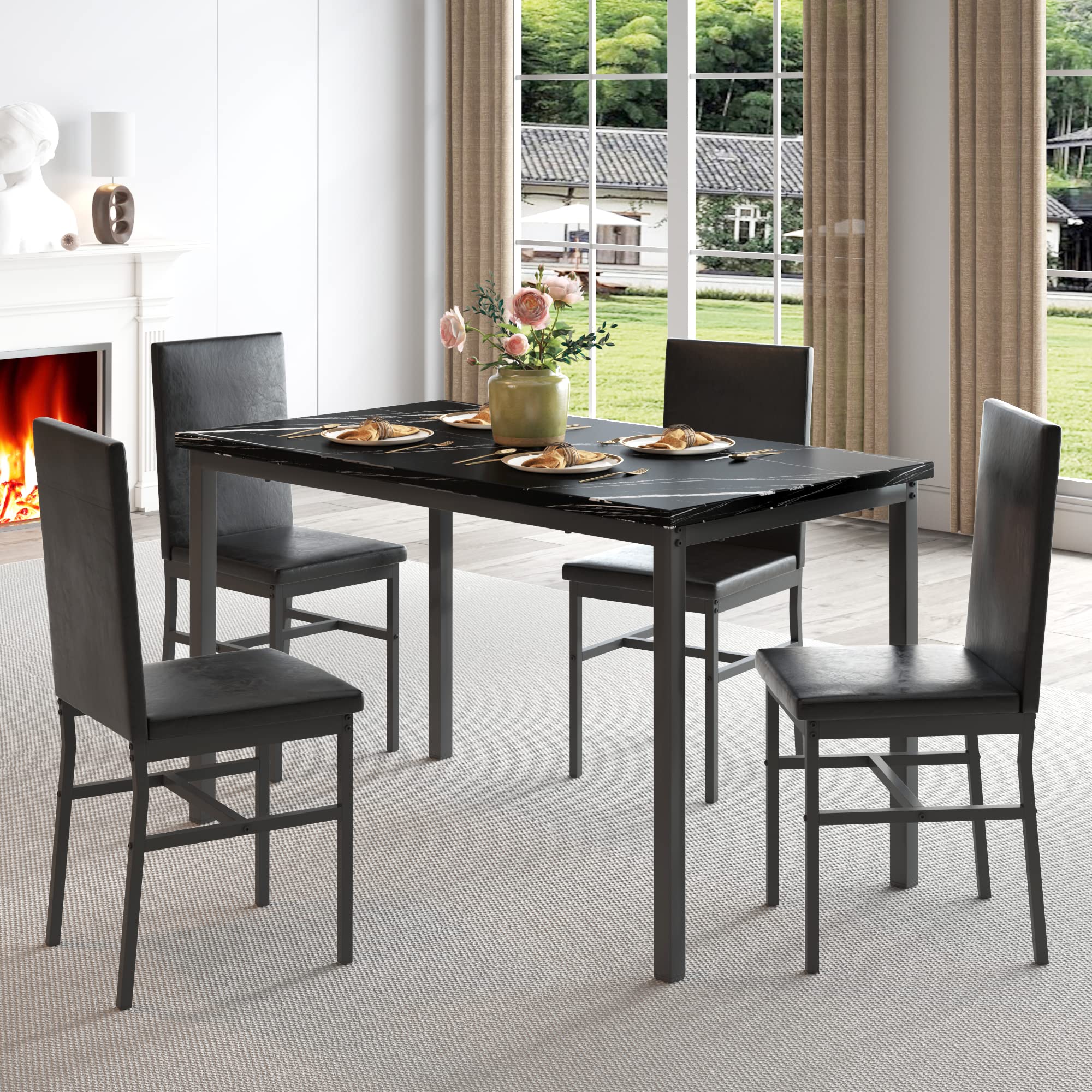 5 Piece Dining Table Set for 4, Kitchen Table and Chairs for 4, Dining Table Furniture Set for Kitchen, Dining Room, Dinette, Breakfast Nook, Black
