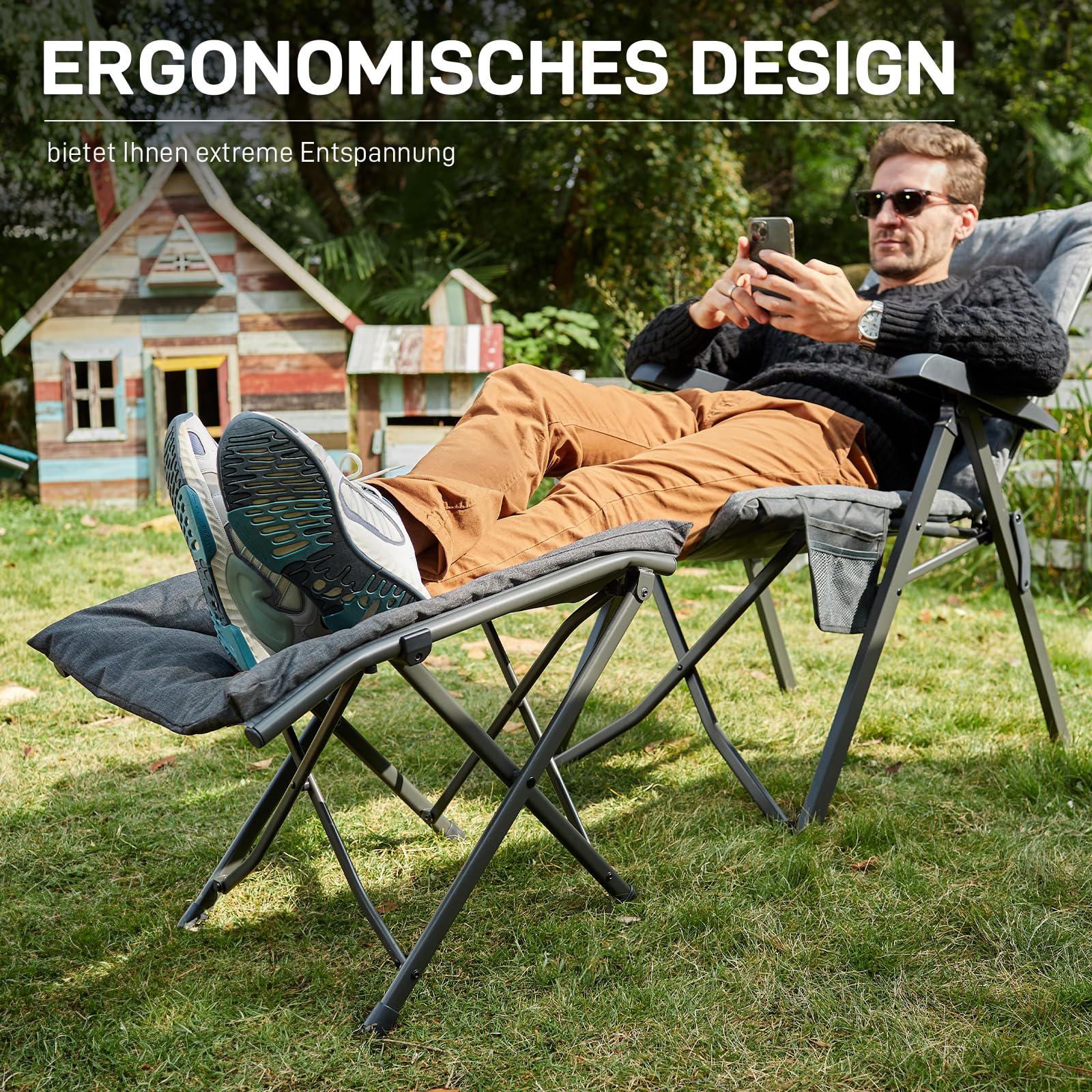 EVER ADVANCED Campingstuhl Set mit Fußstütze & Nackenkissen – 4-Fach Verstellbarer Campingstuhl mit 6cm Polsterung, Hochlehner Faltstuhl für Garten, Terrasse & Camping, Ergonomisch & Stabil